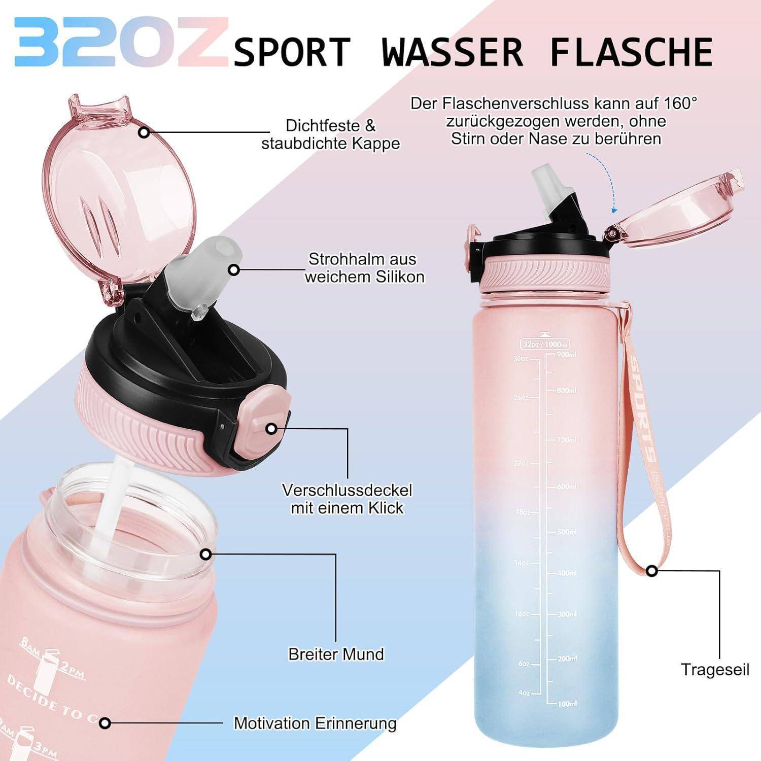 Trinkflasche 1L BPA-frei mit Stroh und Zeitmarkierungen Sport Rosa