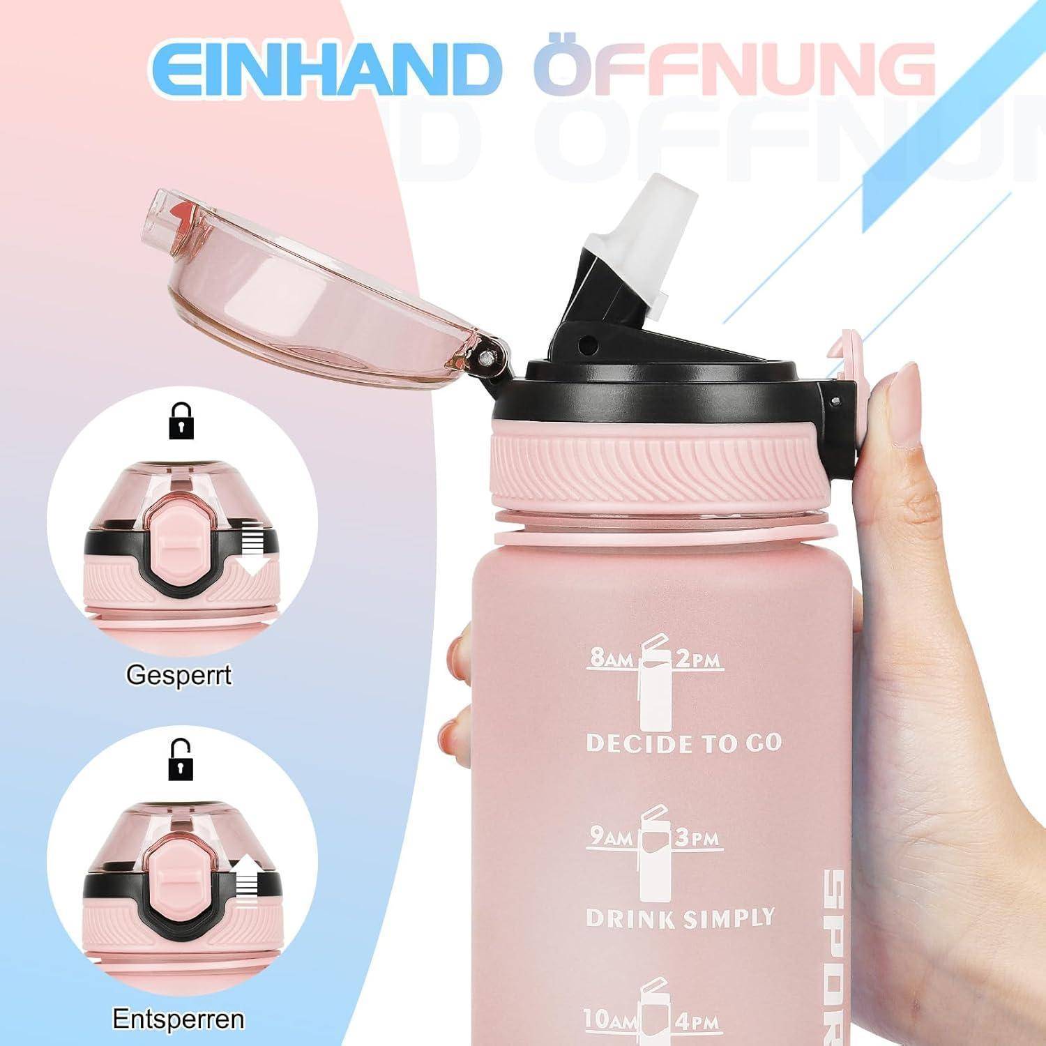 Eine rosa Sporttrinkflasche mit Klappdeckel, mit der Aufschrift 