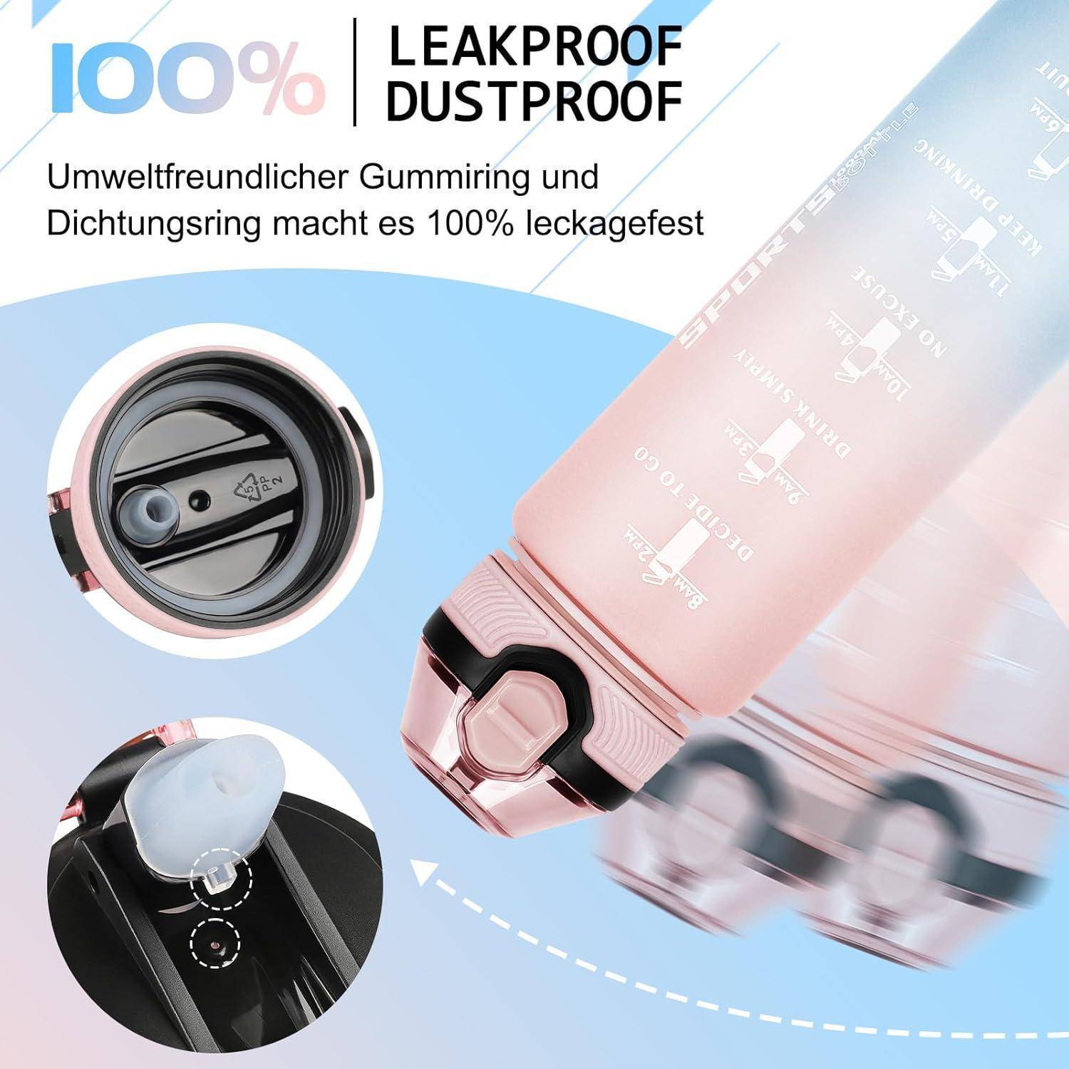 Das Bild zeigt eine auslaufsichere, umweltfreundliche Flasche mit einer Dichtung, die mit '100% auslauf- und staubdicht' beschriftet ist. Es enthält eine Nahaufnahme des Dichtmechanismus.