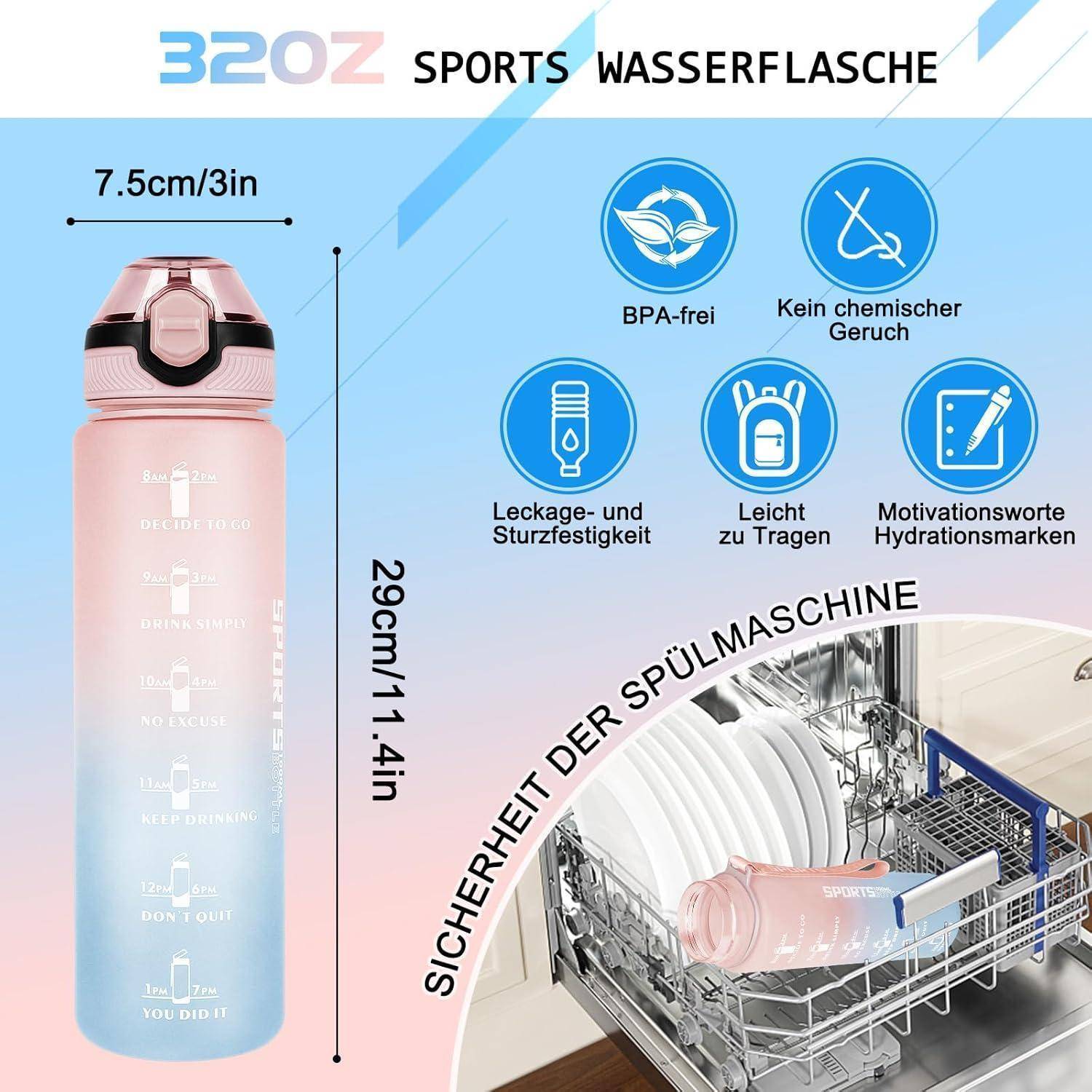 Eine rosa-blaue Verlaufssporttrinkflasche mit der Beschriftung 