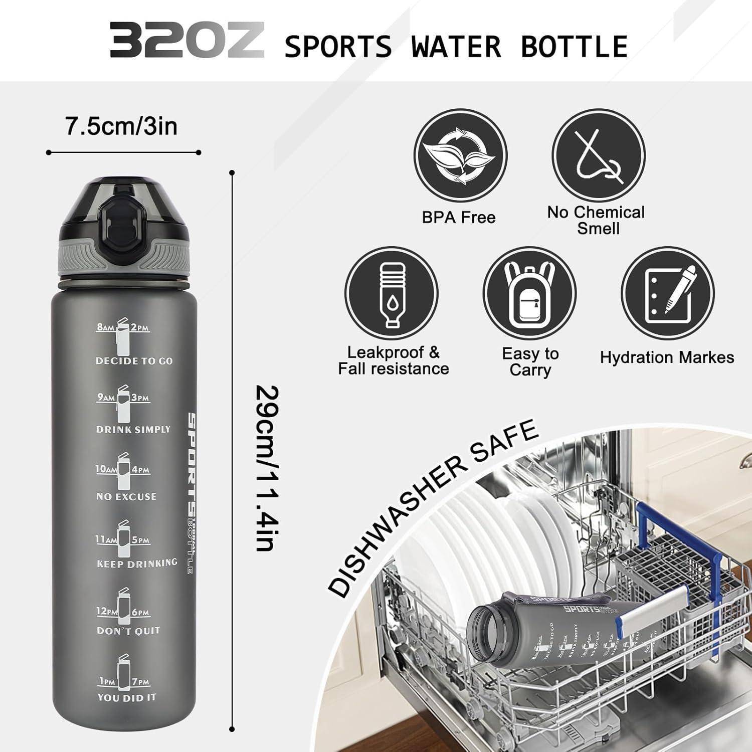 Eine graue 32-Unzen-Sportflasche mit motivierenden Sprüchen und Eigenschaften wie BPA-frei, auslaufsicher, leicht zu tragen und spülmaschinenfest.