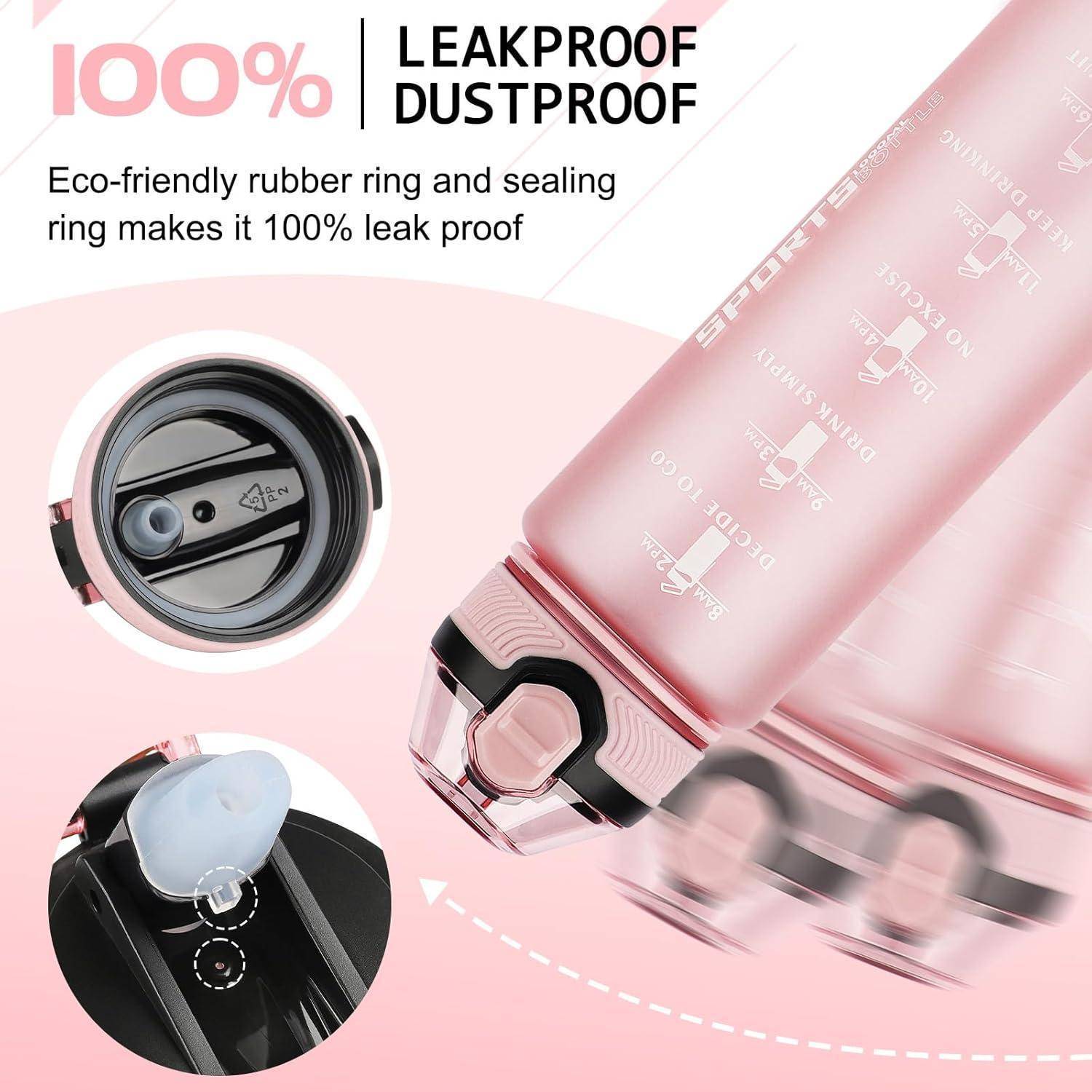 Flasche zu 100% undurchlässig und staubdicht mit umweltfreundlichem Gummi und Dichtungsring. Detailaufnahmen zeigen sichere Versiegelungsmerkmale.