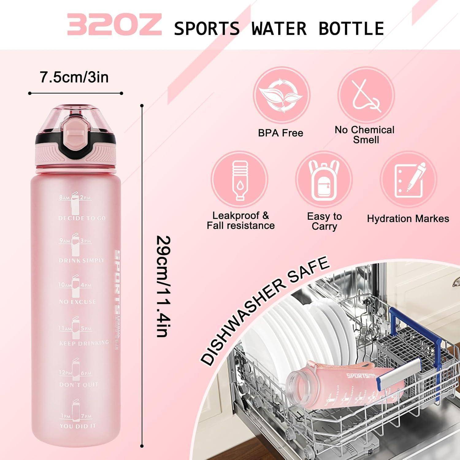 Sportliche Wasserflasche, 32 oz, 7,5 cm x 29 cm, rosa. Eigenschaften: BPA-frei, kein chemischer Geruch, auslaufsicher, leicht zu transportieren, Hydratationsmarkierungen. Spülmaschinenfest.