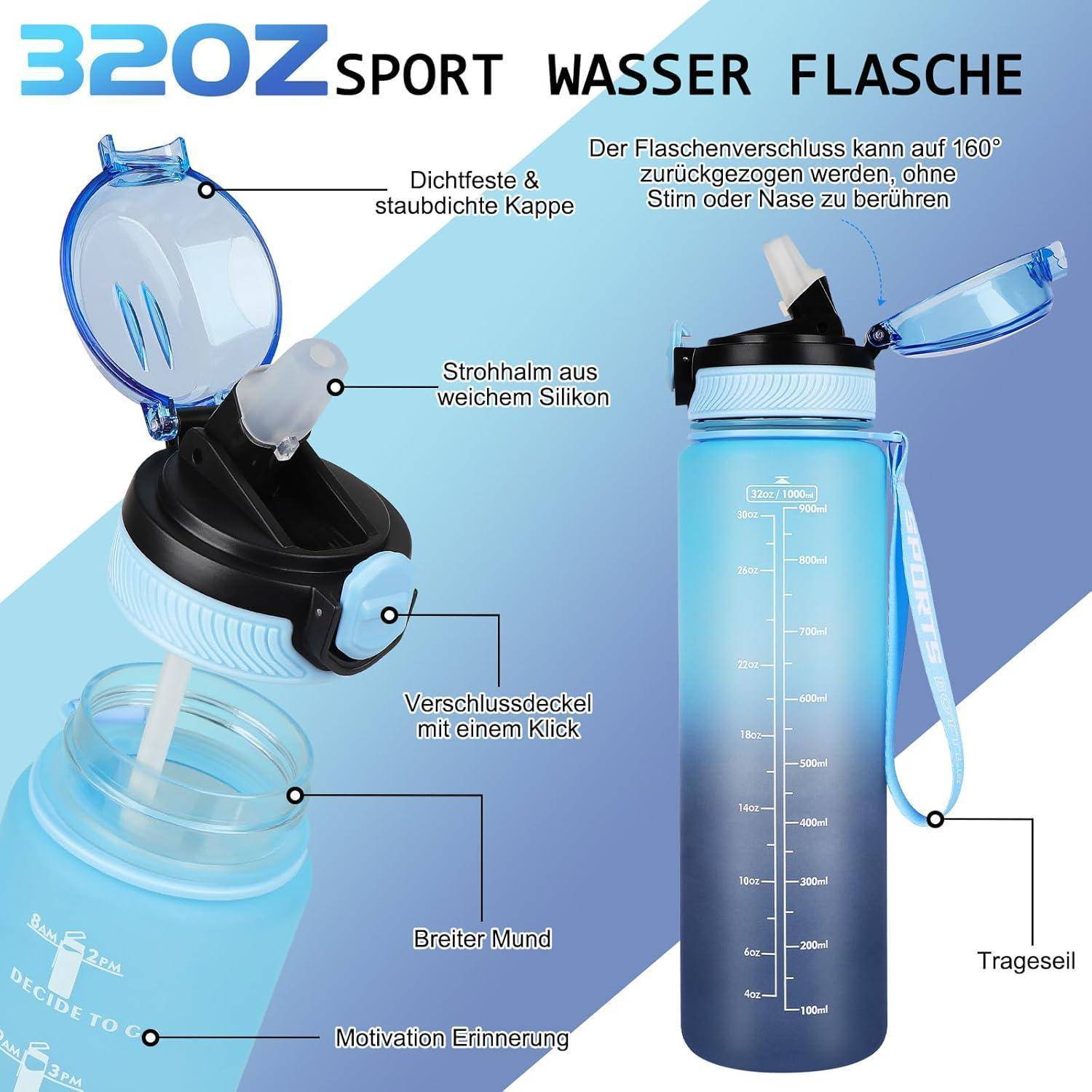 32oz Sport Wasserflasche': Funktionen umfassen eine Mundöffnung aus weichem Silikon, einen sicheren Verschluss, einen klappbaren Deckel, motivierende Zeitmarkierungen.