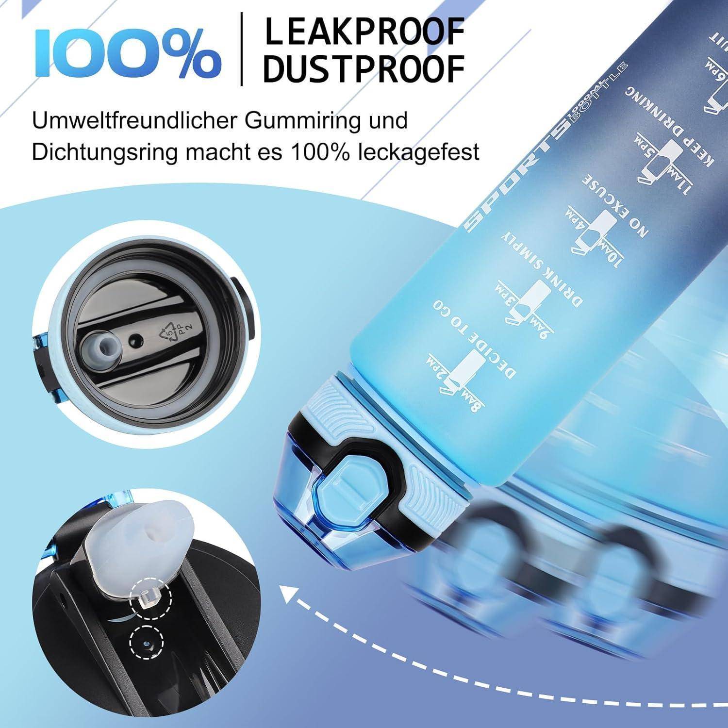 Wasserflasche mit '100% AUSLAUFSICHER STAUBDICHT', Nahaufnahme. Ausgestattet mit einem sicheren Verschlussdeckel und umweltfreundlichen Materialien.