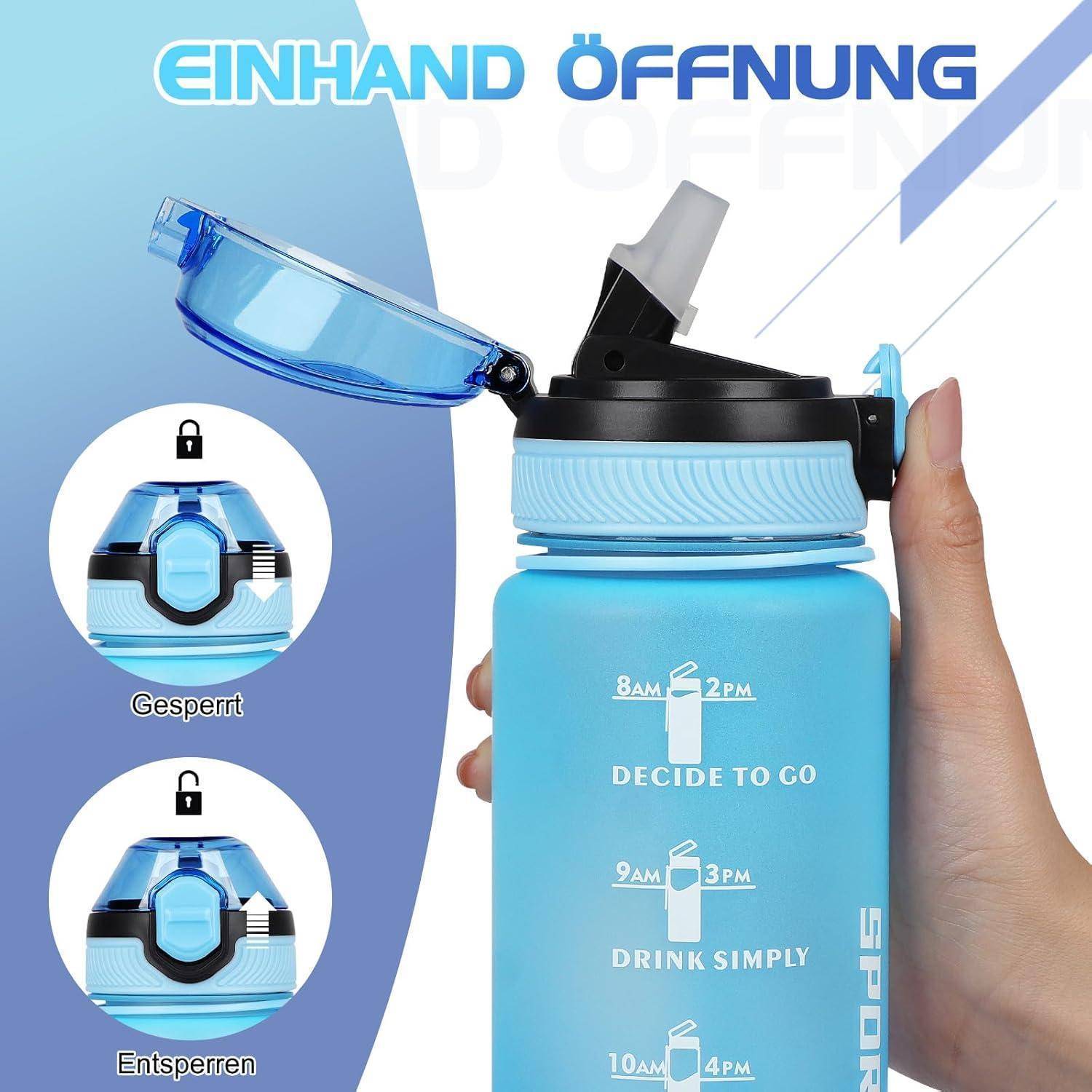 Eine Person hält eine blaue Wasserflasche mit Klappdeckel. Icons zeigen verschlossene und entriegelte Zustände. Text lautet: 'EINHAND ÖFFNUNG', 'DECIDE TO GO', 'DRINK SIMPLY'.
