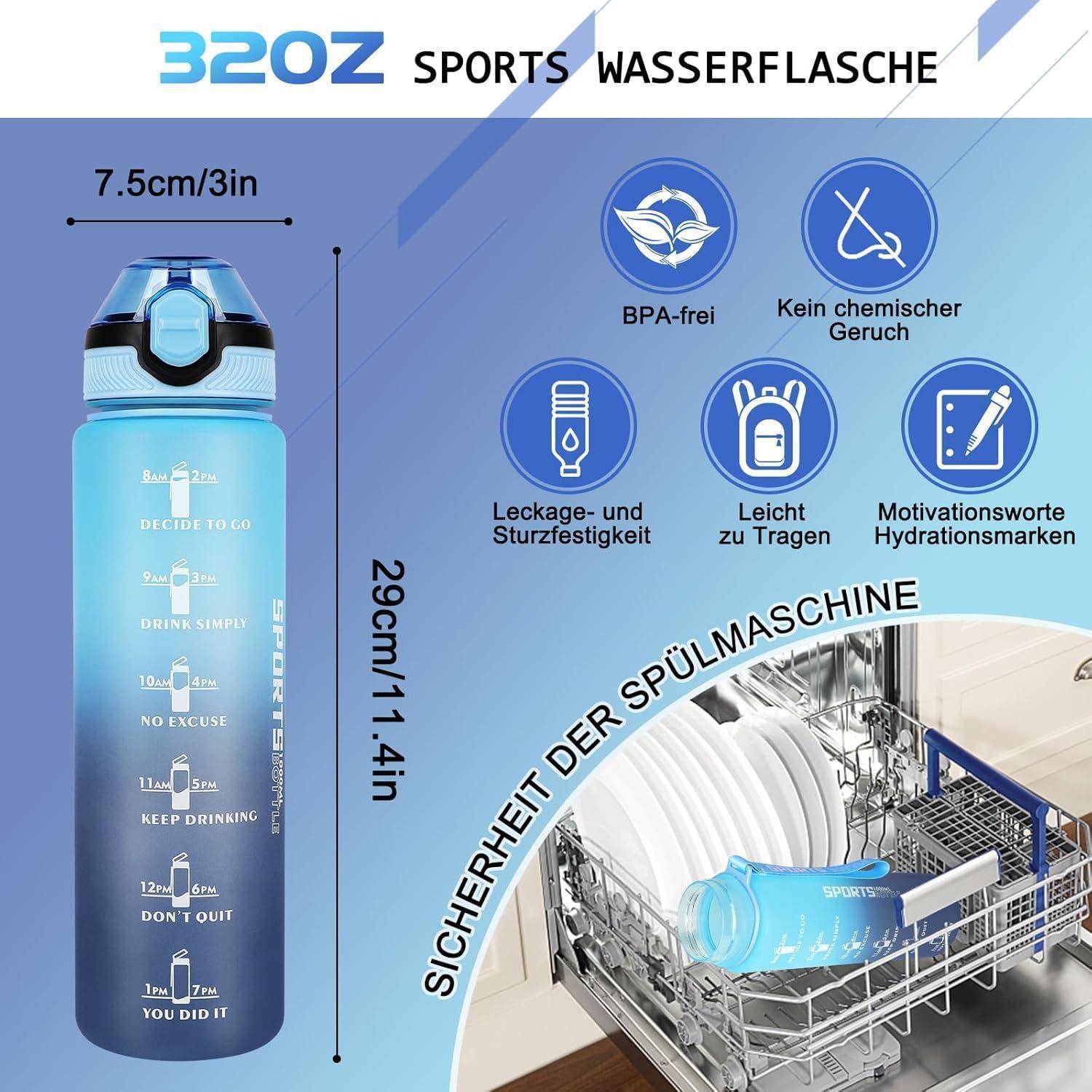 Wasserflasche mit einer Größe von 7,5 cm x 29 cm, versehen mit motivierenden Zeitmarkierungen. Eigenschaften umfassen auslaufsicheres, BPA-freies und geschirrspülmaschinenfestes Design.