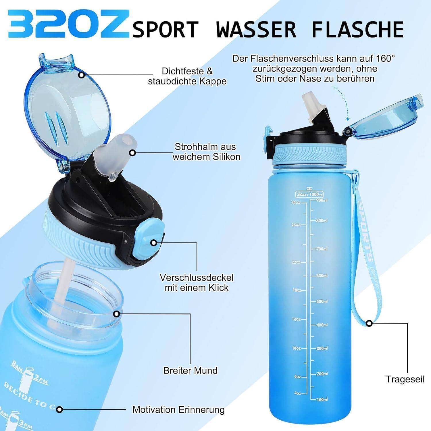 Blaue Sport-Wasserflasche mit Klappdeckel, Silikonstrohhalm und Zeitmarkierung. Mit auslaufsicherer Konstruktion und robustem Griff.