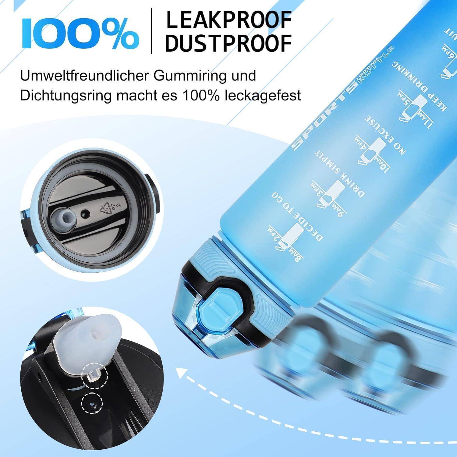 Blaue Wasserflasche mit Aufschrift '100% Auslaufsicher Staubdicht'. Merkmale umfassen eine umweltfreundliche Gummidichtung und einen Ringverschluss. Nahaufnahme des geschlossenen Verschlusses gezeigt.