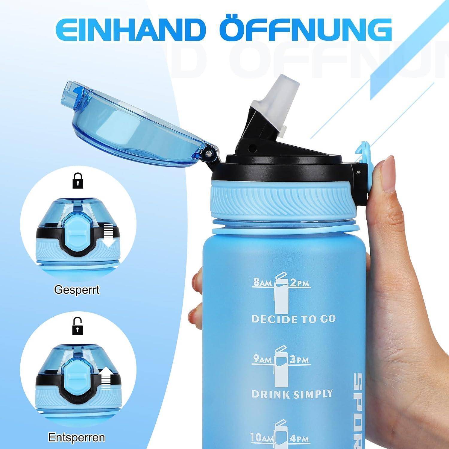 Blaue Wasserflasche mit Klappdeckel, beschriftet mit 'Einhand Öffnung', mit Icons für die Darstellung des einhandigen Öffnens in gesperrten und entsperrten Zuständen.