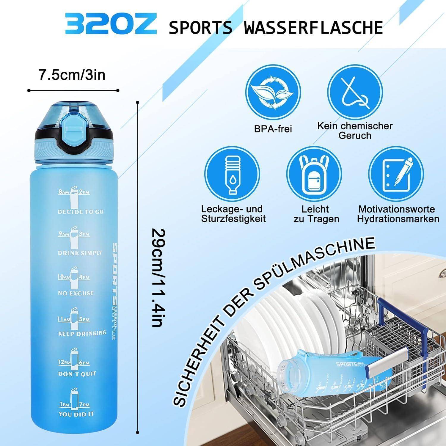 Eine blaue 32-Unzen-Sporttrinkflasche mit motivierenden Zeitmarkierungen wird auf einem Geschirrspülergestell gezeigt. Zu den Merkmalen gehören eine BPA-freie und auslaufsichere Konstruktion.