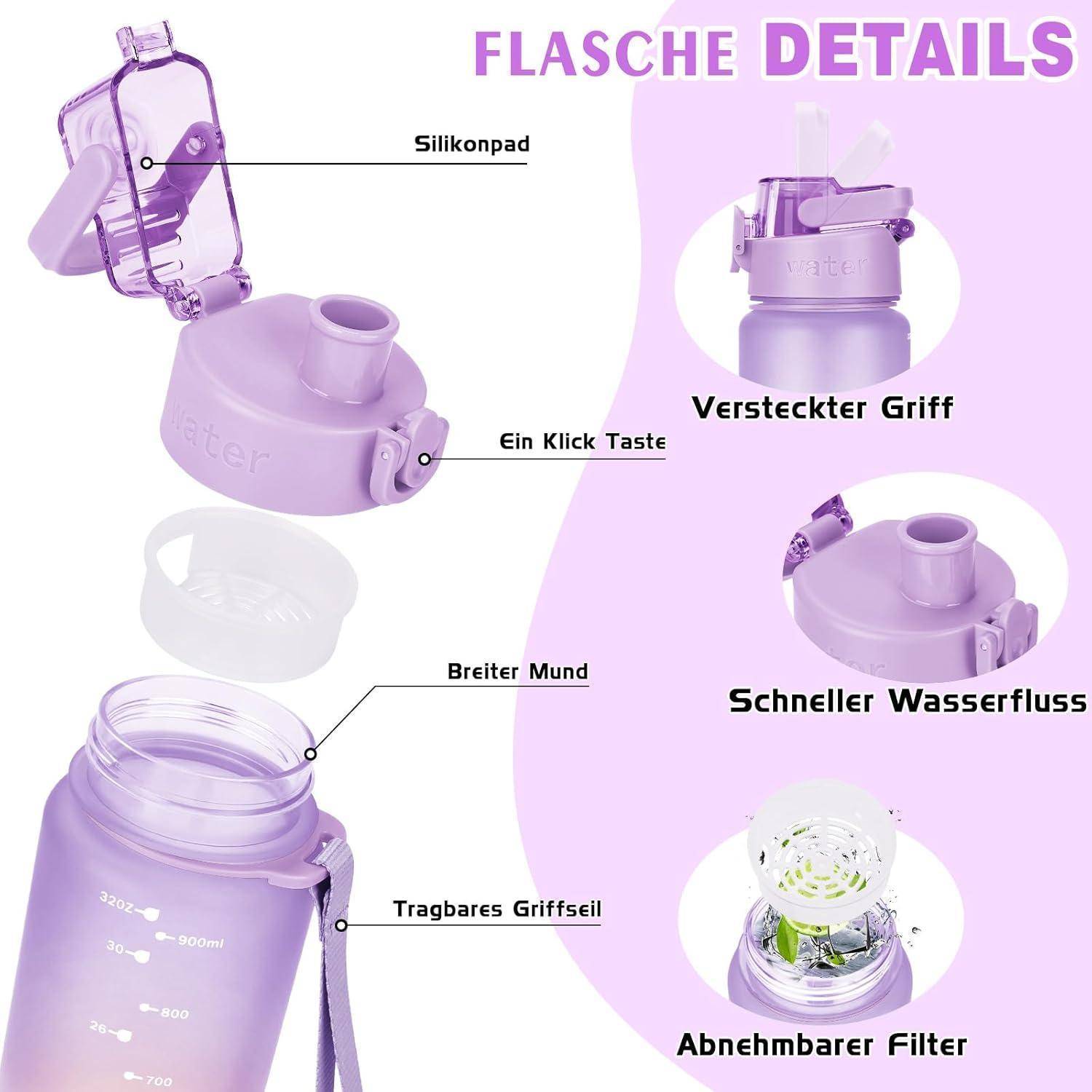 Bild, das Details einer lila Flasche zeigt: versteckter Griff, Klickknopf, weite Öffnung, tragbarer Griff, schneller Wasserfluss und herausnehmbarer Filter.