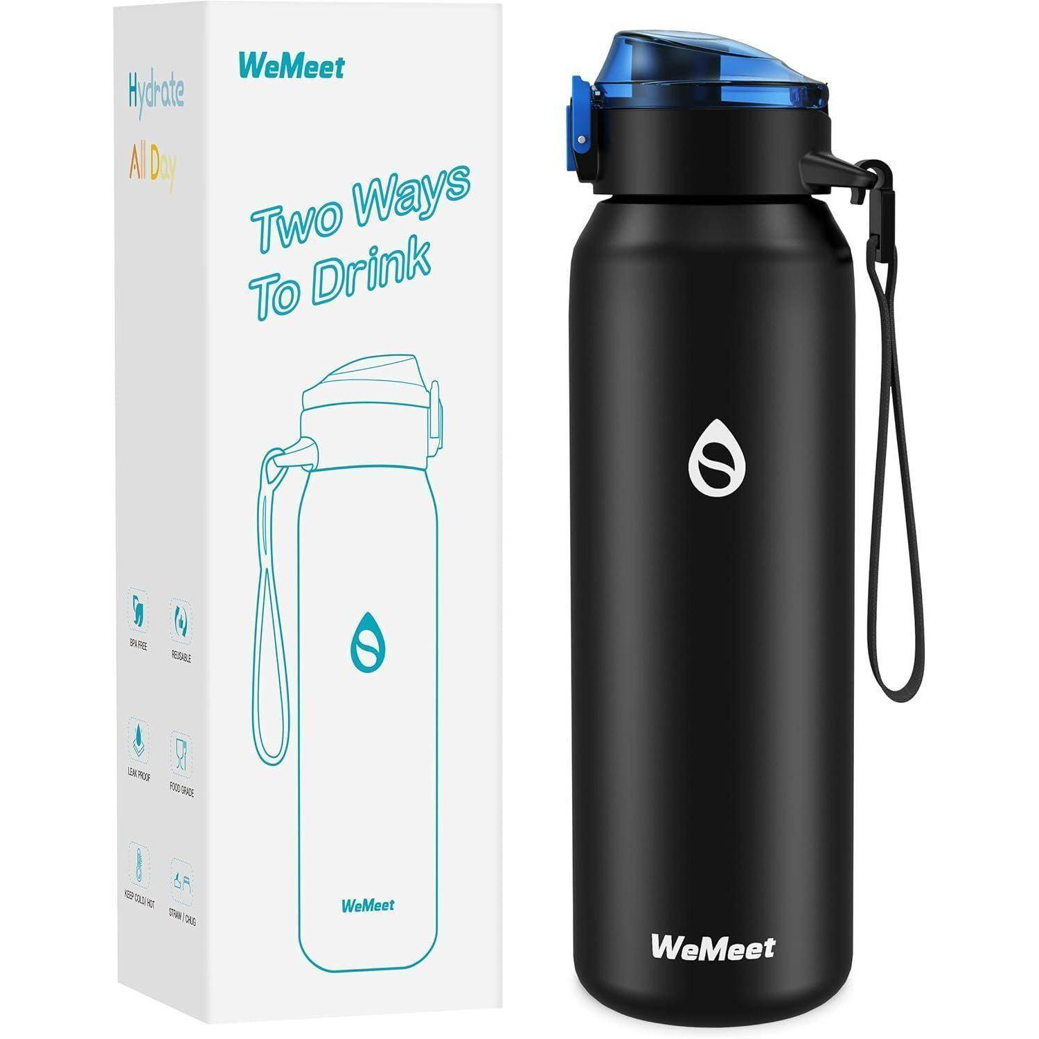 Trinkflasche Edelstahl 1000ml mit abnehmbarem Strohhalm BPA-frei