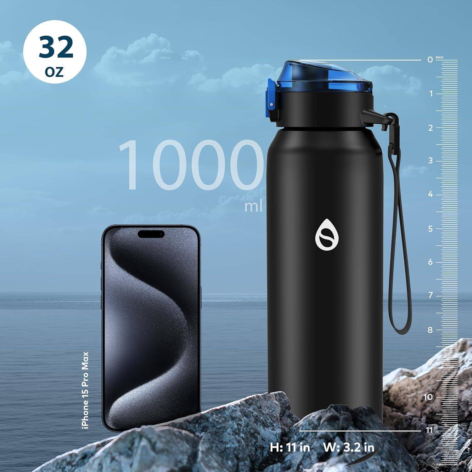 Trinkflasche Edelstahl 1000ml mit abnehmbarem Strohhalm BPA-frei