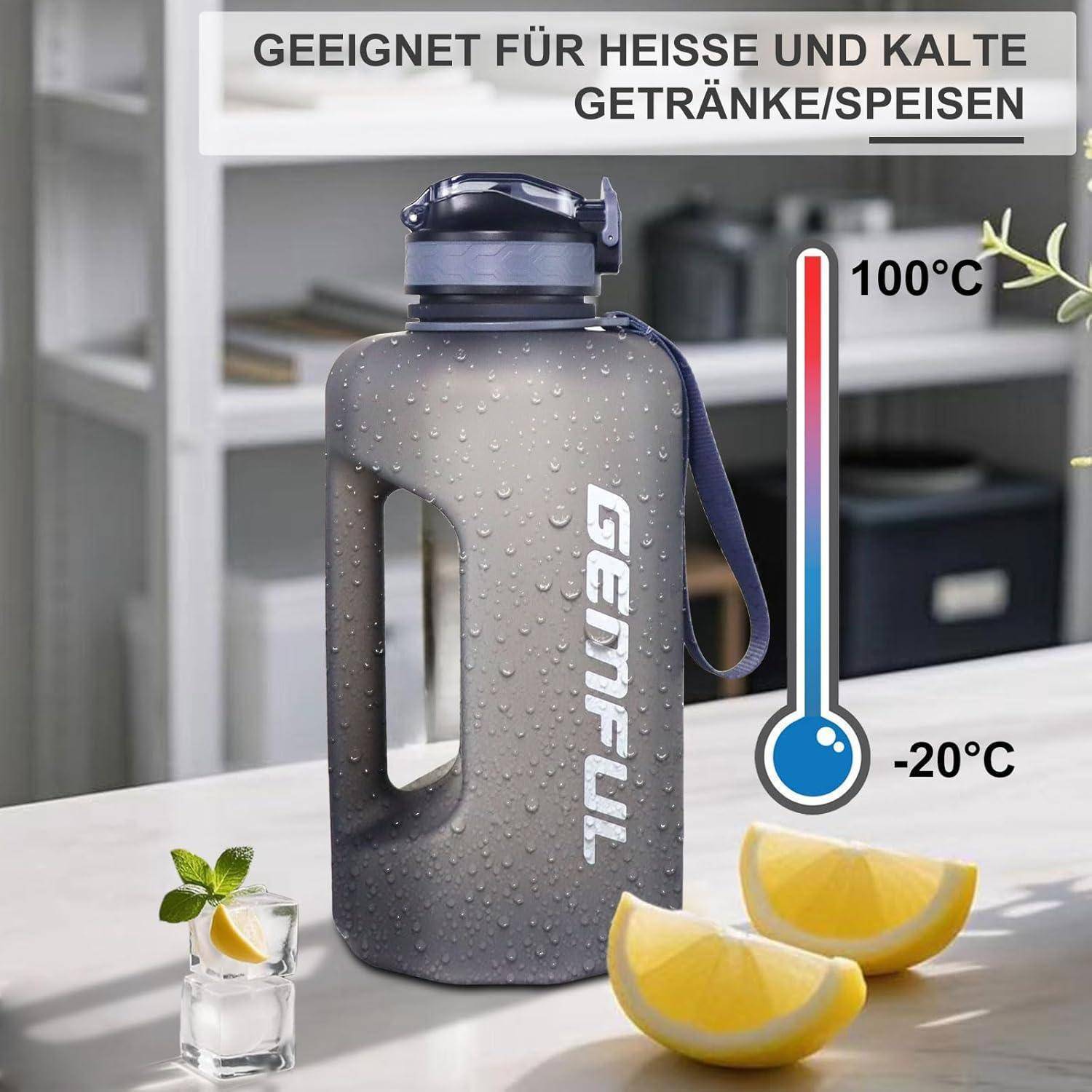 Eine graue Wasserflasche steht auf einer Küchenarbeitsplatte, mit dem Etikett 