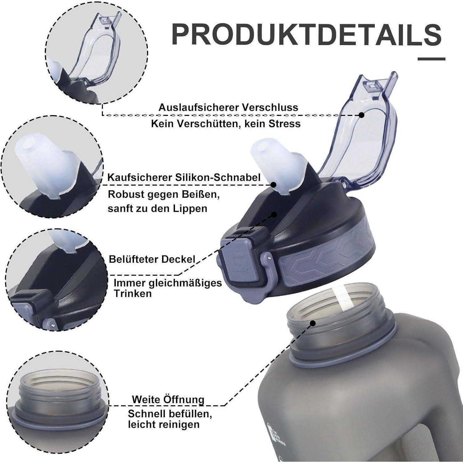 Produktdetails': Beschreibt Merkmale einer Wasserflasche und hebt einen sicheren Verschluss, eine Silikonschnauze, einen atmungsaktiven Deckel für gleichmäßigen Durchfluss und eine breite Öffnung hervor.