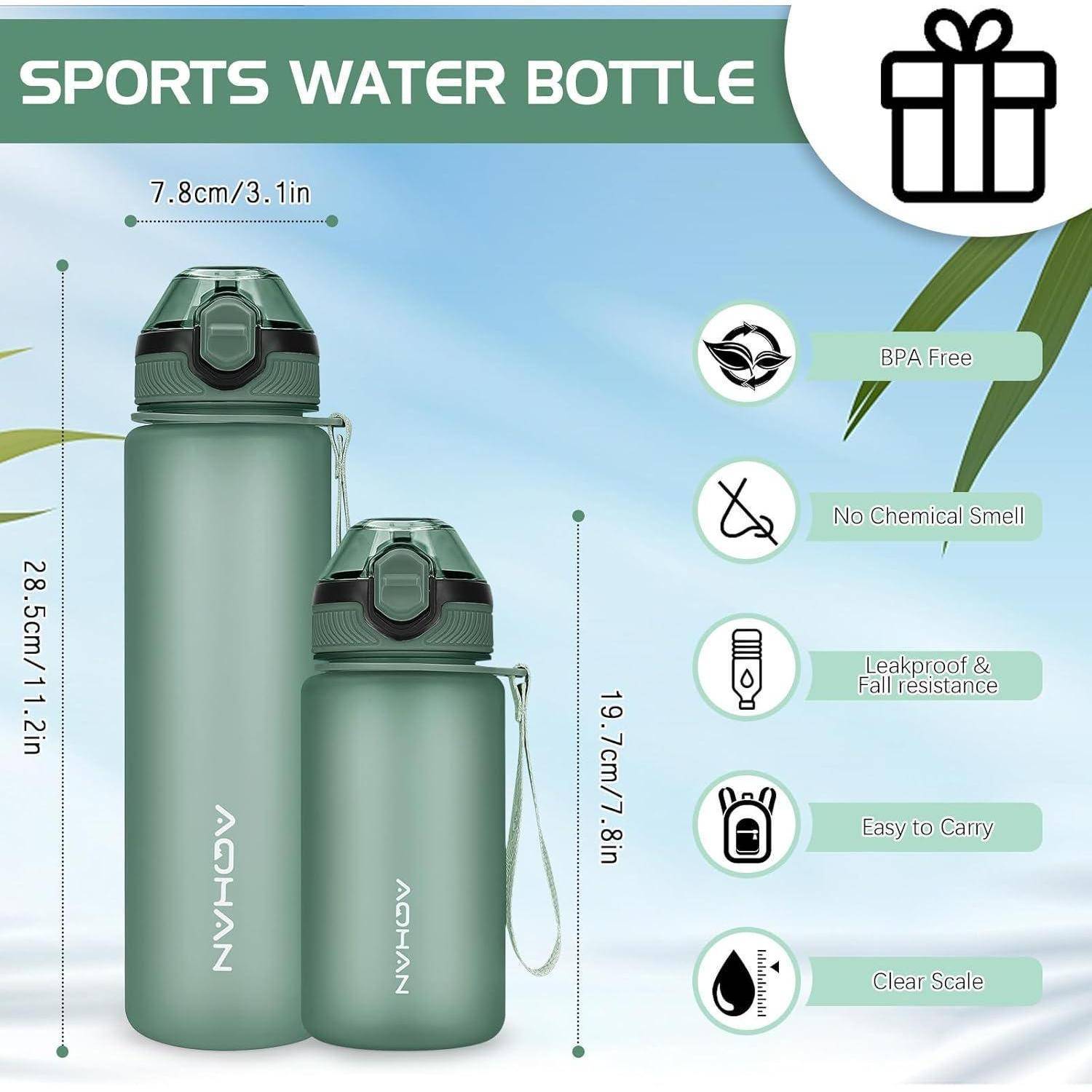 Zwei grüne Sport-Wasserflaschen mit Messmarkierungen. Merkmale umfassen BPA-frei, kein chemischer Geruch, auslaufsicher, sturzhalt, einfach zu tragen und klare Skala.