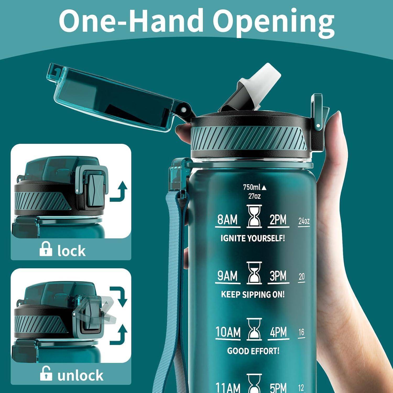 Eine Hand, die eine türkisfarbene Wasserflasche mit Schloss-/Entsperrungsmechanismus umfasst. Messungen und motivierende Phrasen werden von 8 Uhr morgens bis 22 Uhr angezeigt.