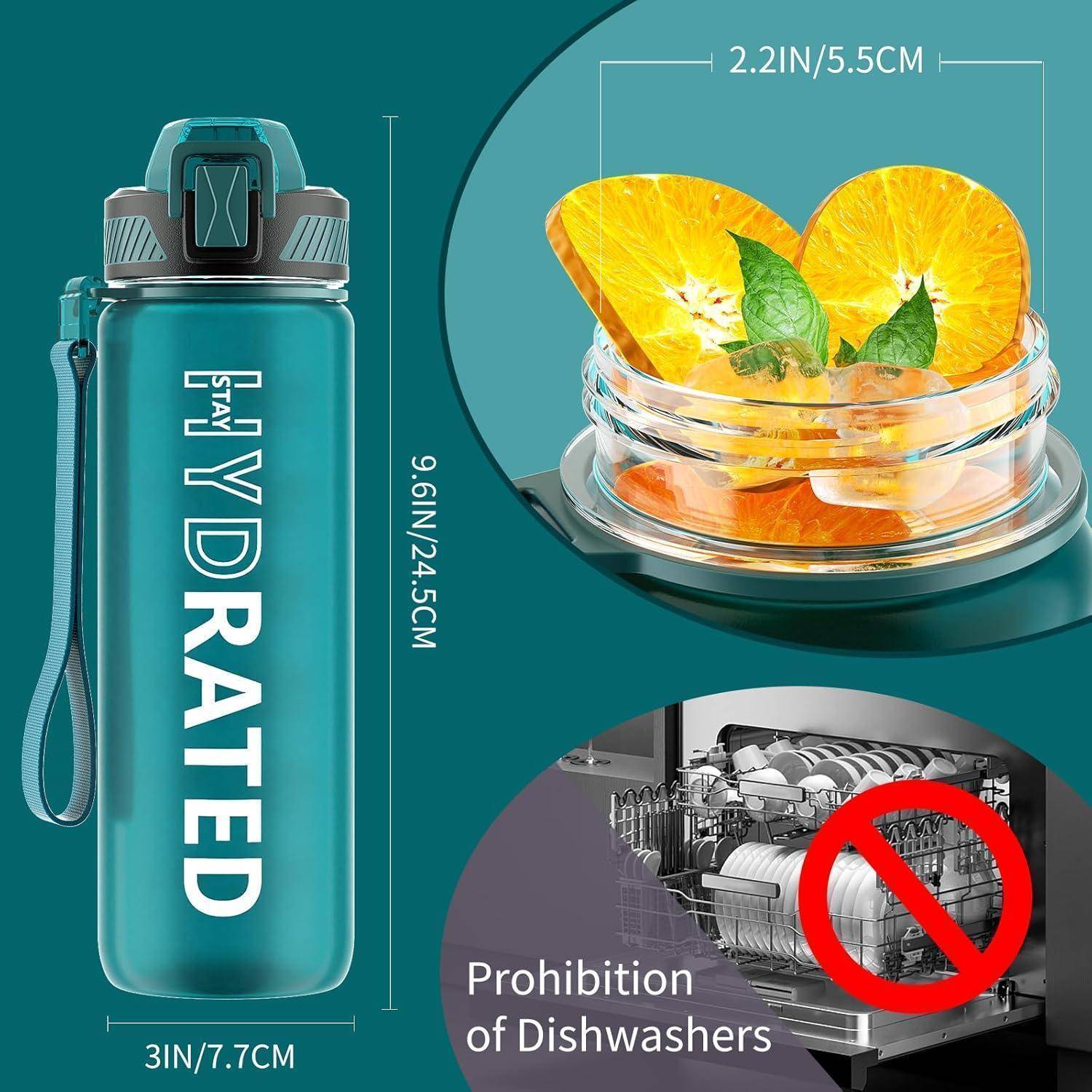 Eine türkisfarbene Wasserflasche mit der Aufschrift 