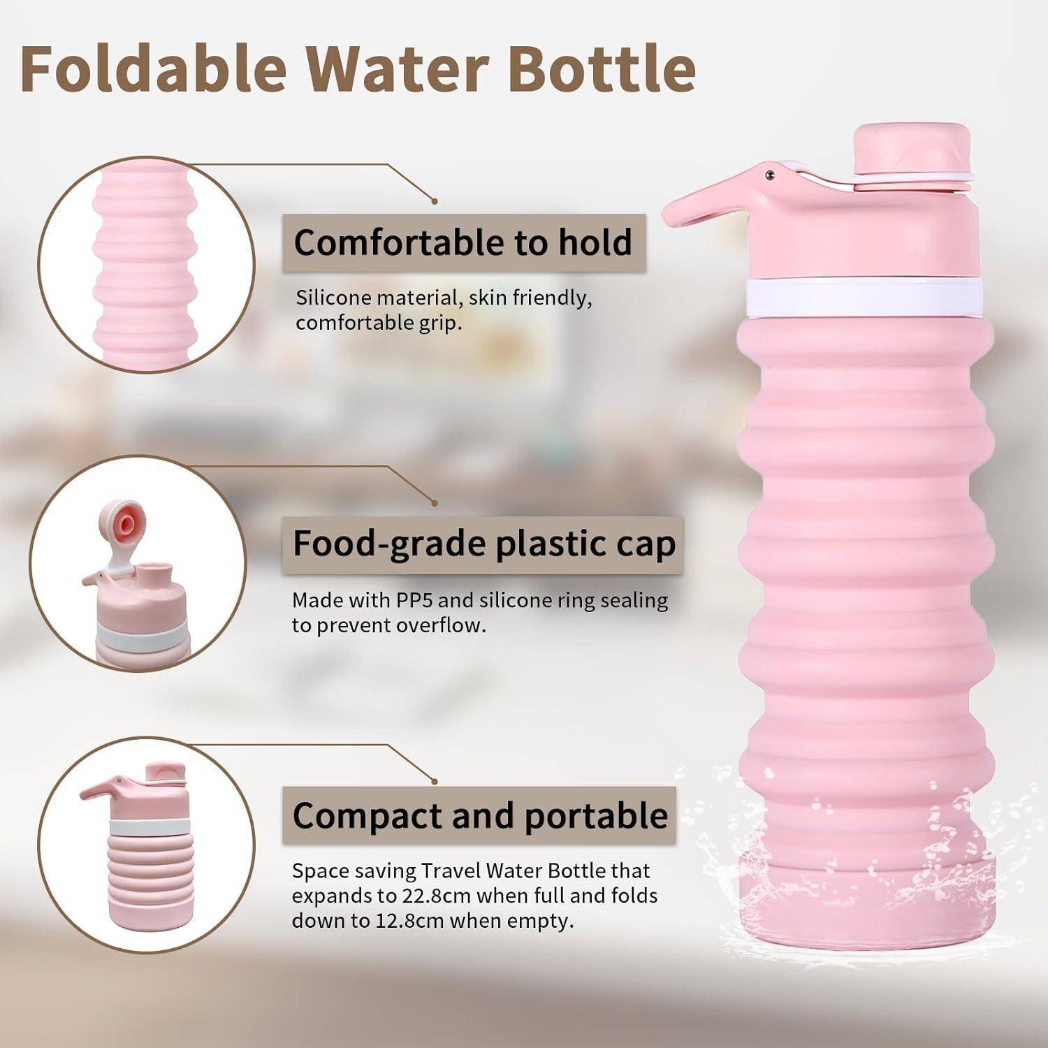 Faltbare pinke Silikonwasserflasche mit einem lebensmittelechten Deckel und kompaktem Design. Sie expandiert bis zu 22,8 cm und kann auf 12,8 cm zusammengefaltet werden, wenn sie leer ist.