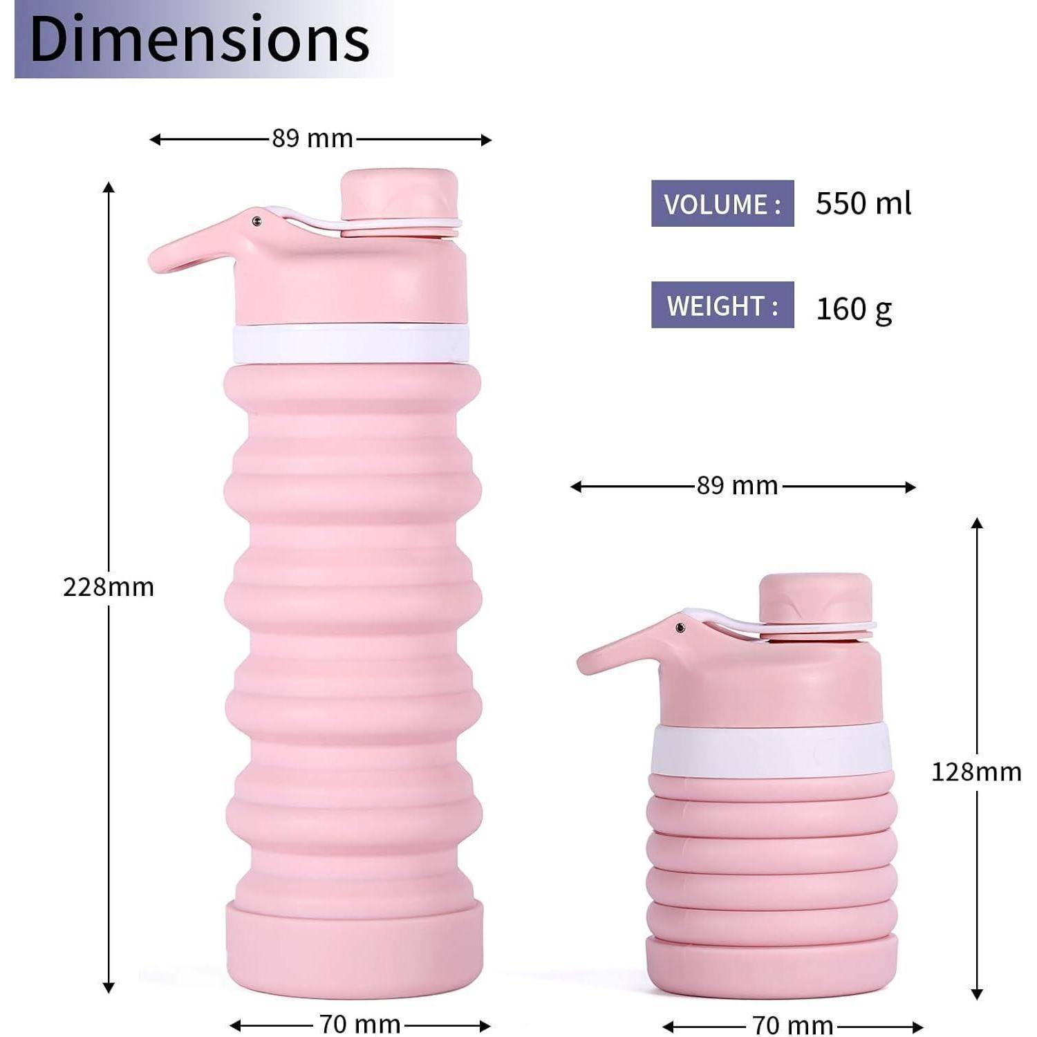 Rosa zusammenklappbare Wasserflasche, 550 ml Volumen, 160 g Gewicht. Zwei Größen dargestellt: ausgeklappt 228 mm hoch, zusammengeklappt 128 mm hoch, beide 89 mm breit.
