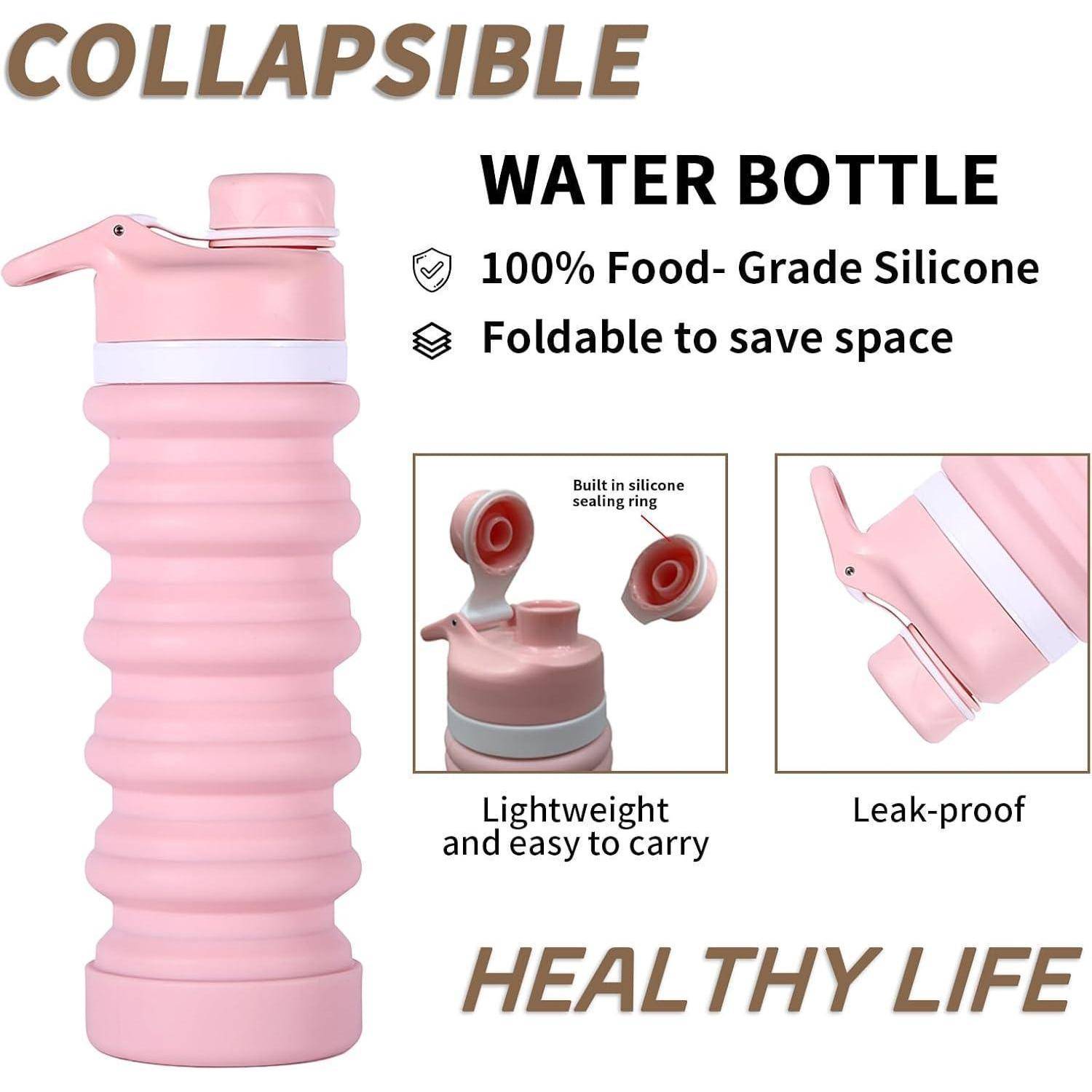 Rosa zusammenklappbare Wasserflasche aus lebensmittelechtem Silikon. Merkmale sind die Faltbarkeit, geringes Gewicht und Auslaufsicherheit. Text lautet 'Zusammenklappbar', 'Gesundes Leben'.