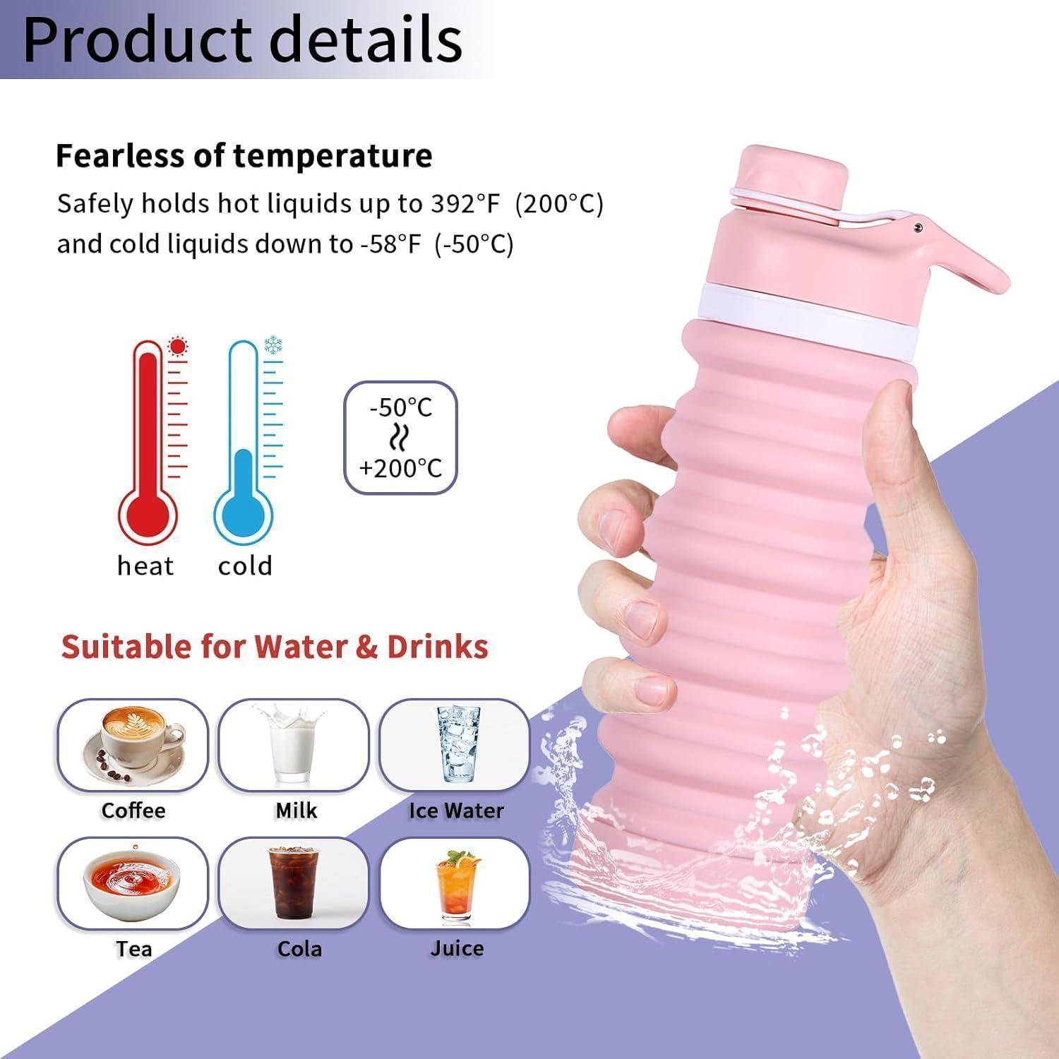 Eine Hand hält eine rosa zusammenklappbare Wasserflasche. Der Text besagt: „Hält heiße Flüssigkeiten sicher bis zu 392°F (200°C) und kalte Flüssigkeiten bis zu -58°F (-50°C).