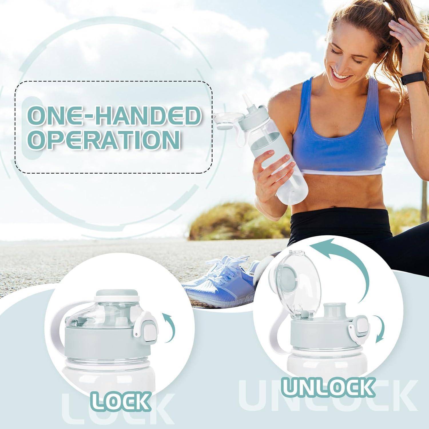 Frau in Sportkleidung, die eine Wasserflasche mit einhandiger Bedienung verwendet. Kreisförmige Einblendungen zeigen den 'VERSCHLUSS' und 'ENTRIEGELUNG' Mechanismus des Deckels.