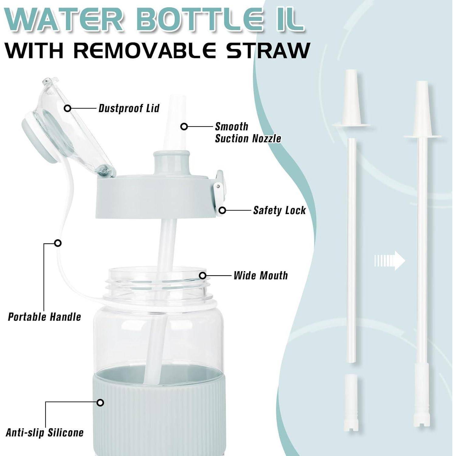 Wasserflasche mit abnehmbarem Strohhalm, ausgestattet mit einem staubdichten Deckel, glatter Saugöffnung, Sicherheitsverschluss, großer Öffnung und tragbarem Griff.