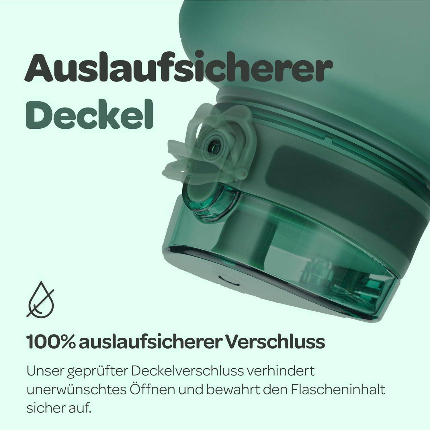 Ein grüner Flaschenverschluss mit einem Wassertropfen-Symbol. Text: ‚Auslaufsicherer Deckel' betont eine auslaufsichere Dichtung zur Verhinderung von Verschüttungen.