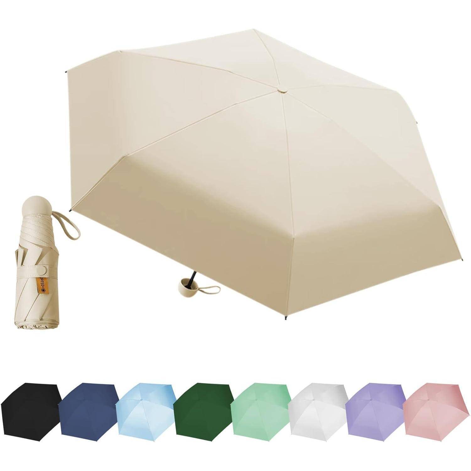 Ein beige Regenschirm mit einer passenden Hülle steht geöffnet. Darunter zeigen zehn kleinere Bilder Regenschirme in verschiedenen Farben, darunter Schwarz, Blau und Rosa.