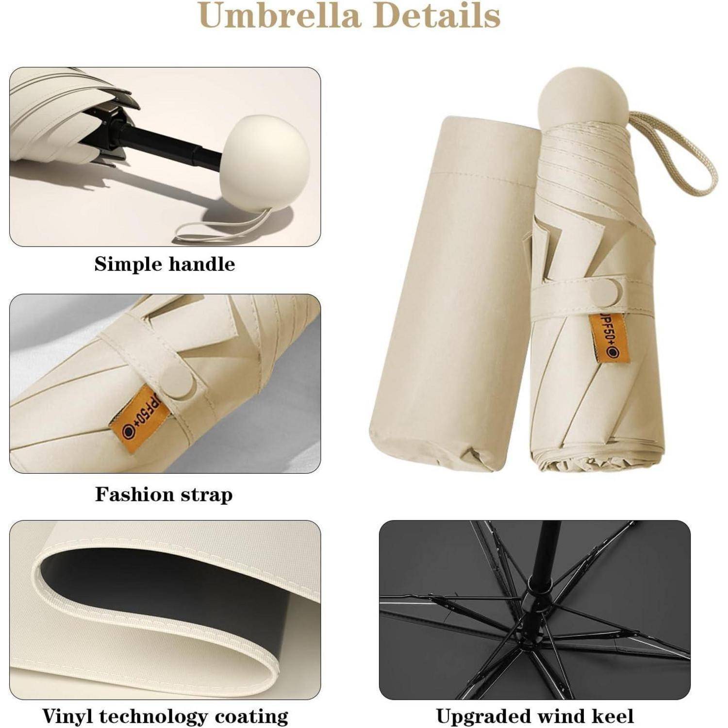 Regenschirm-Details mit einem beigen Regenschirm, einem schlichten Griff, modischem Trageriemen, Vinyl-Technologie-Beschichtung und verbessertem Windflügel.