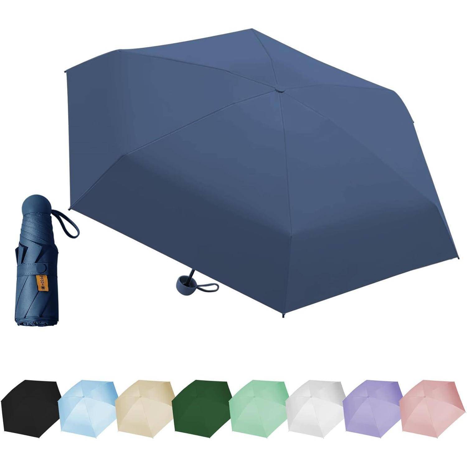 Ein blauer, vollständig geöffneter Regenschirm mit einem geschlossenen Regenschirm in passender Farbe daneben. Mehrere Farboptionen unten gezeigt: schwarz, hellblau, beige, grün, weiß und lila.