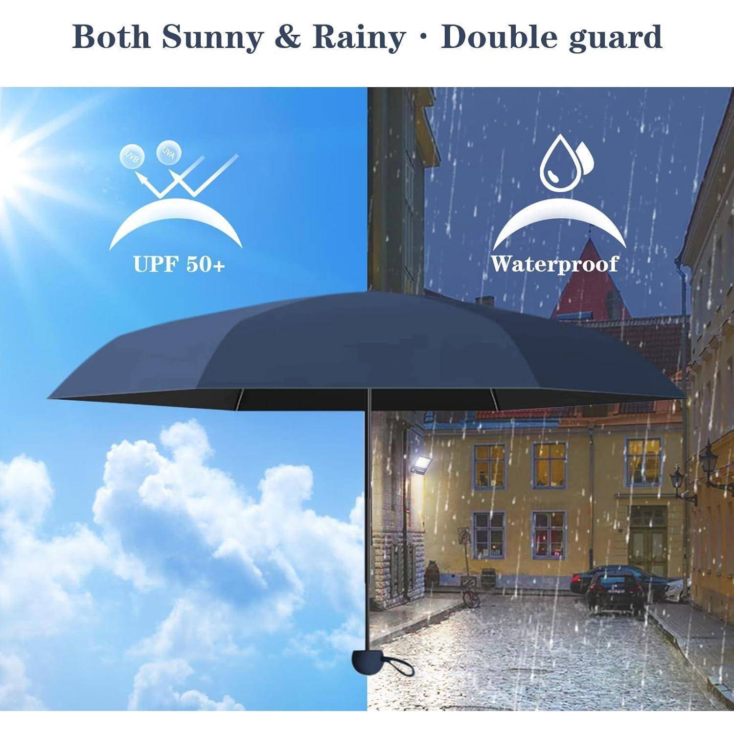 Eine Schirm-Illustration zeigt sonnige Himmel links mit 'LSF 50+' und Regen rechts mit 'Wasserdicht' und 'Sowohl Sonnig & Regnerisch · Doppelschutz' Text.