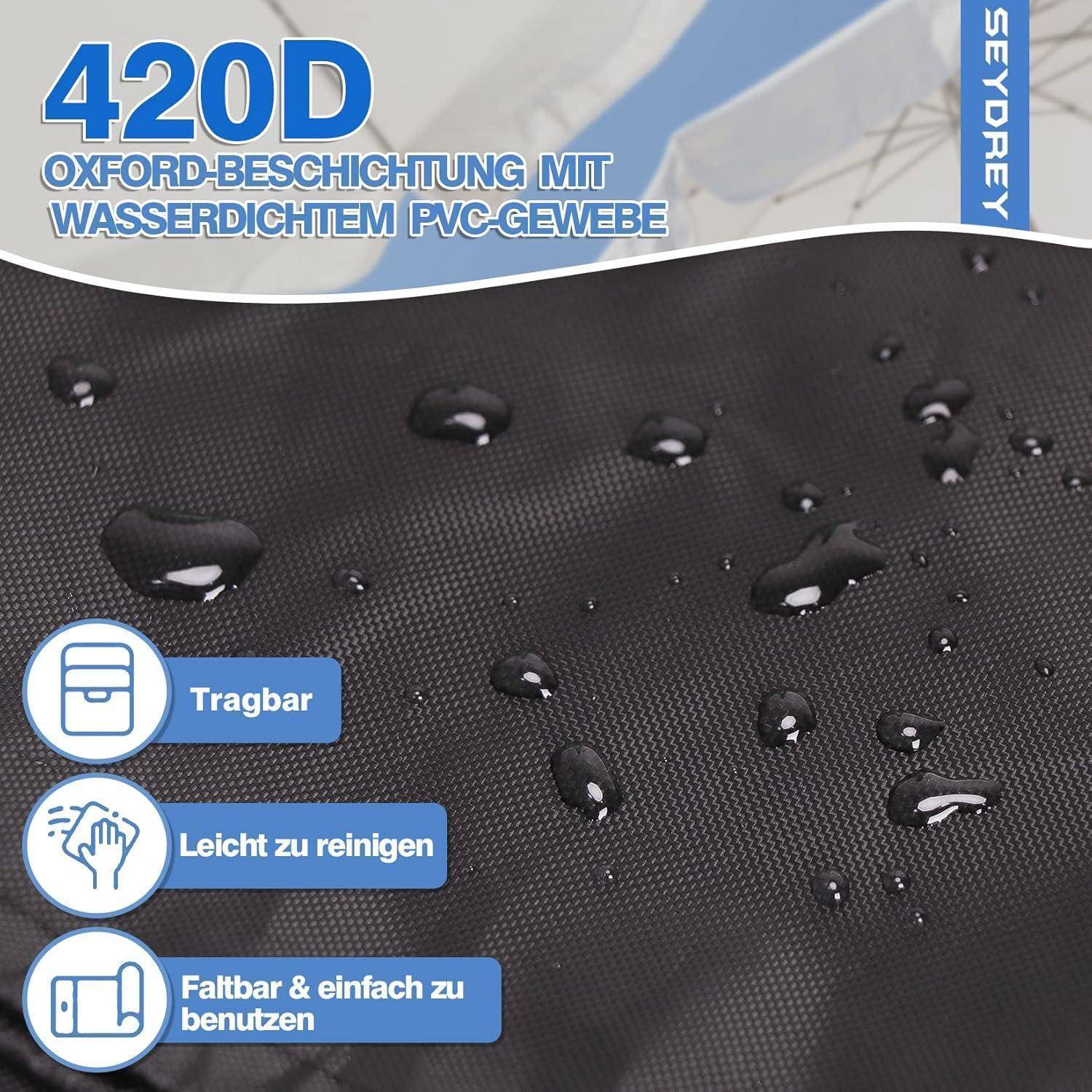 420D Oxford-Beschichtung PVC-Gewebe' Text mit Wassertropfen auf schwarzem Stoff. Icons zeigen 'Tragbar,' 'Leicht zu reinigen,' und 'Einfach zu benutzen.