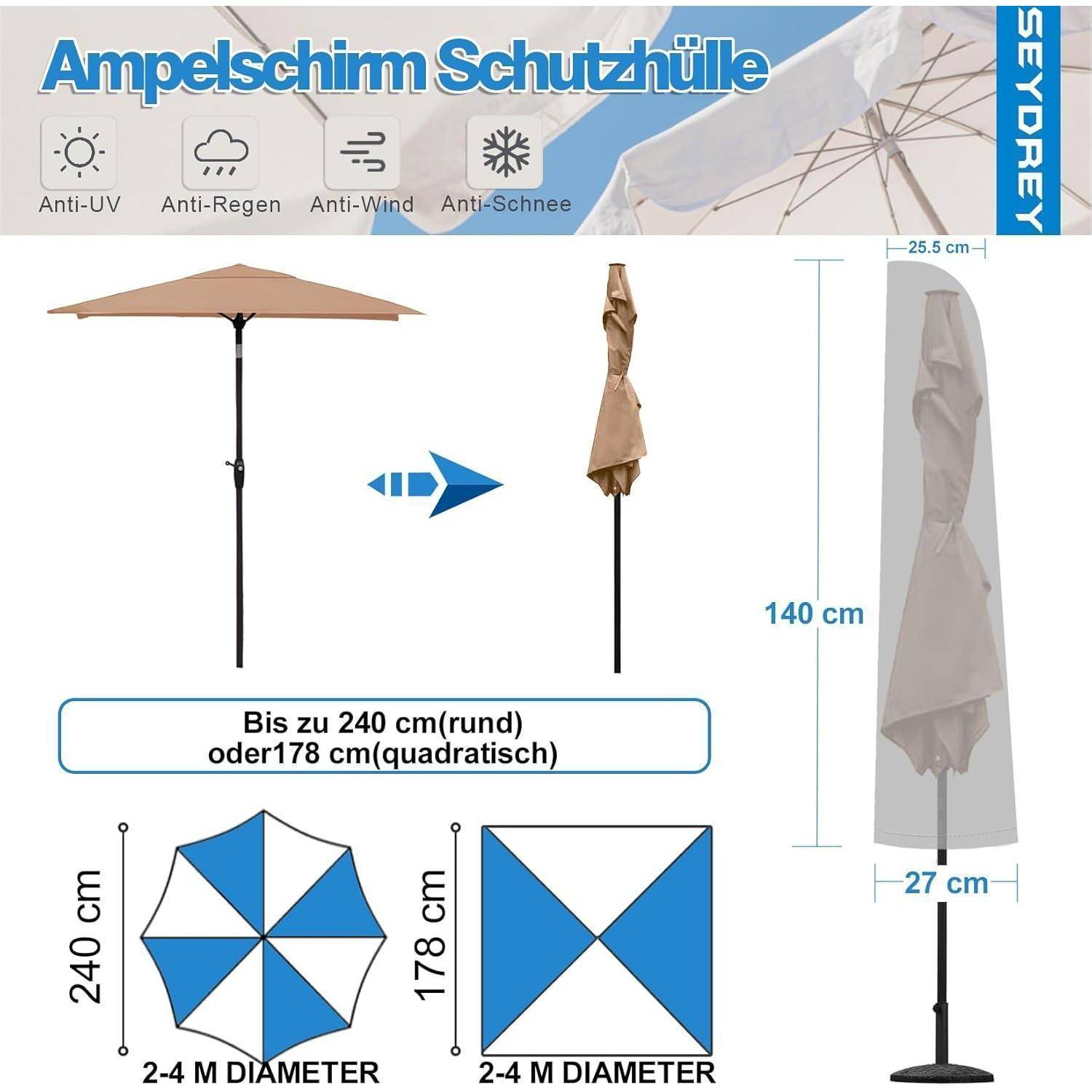 Sonnenschirm-Schutzhülle in Beige, passend für runde Schirme bis zu 240 cm oder quadratische Schirme bis zu 178 cm. Mit UV-Schutz, Regenschutz, Windschutz und Schneeschutz.