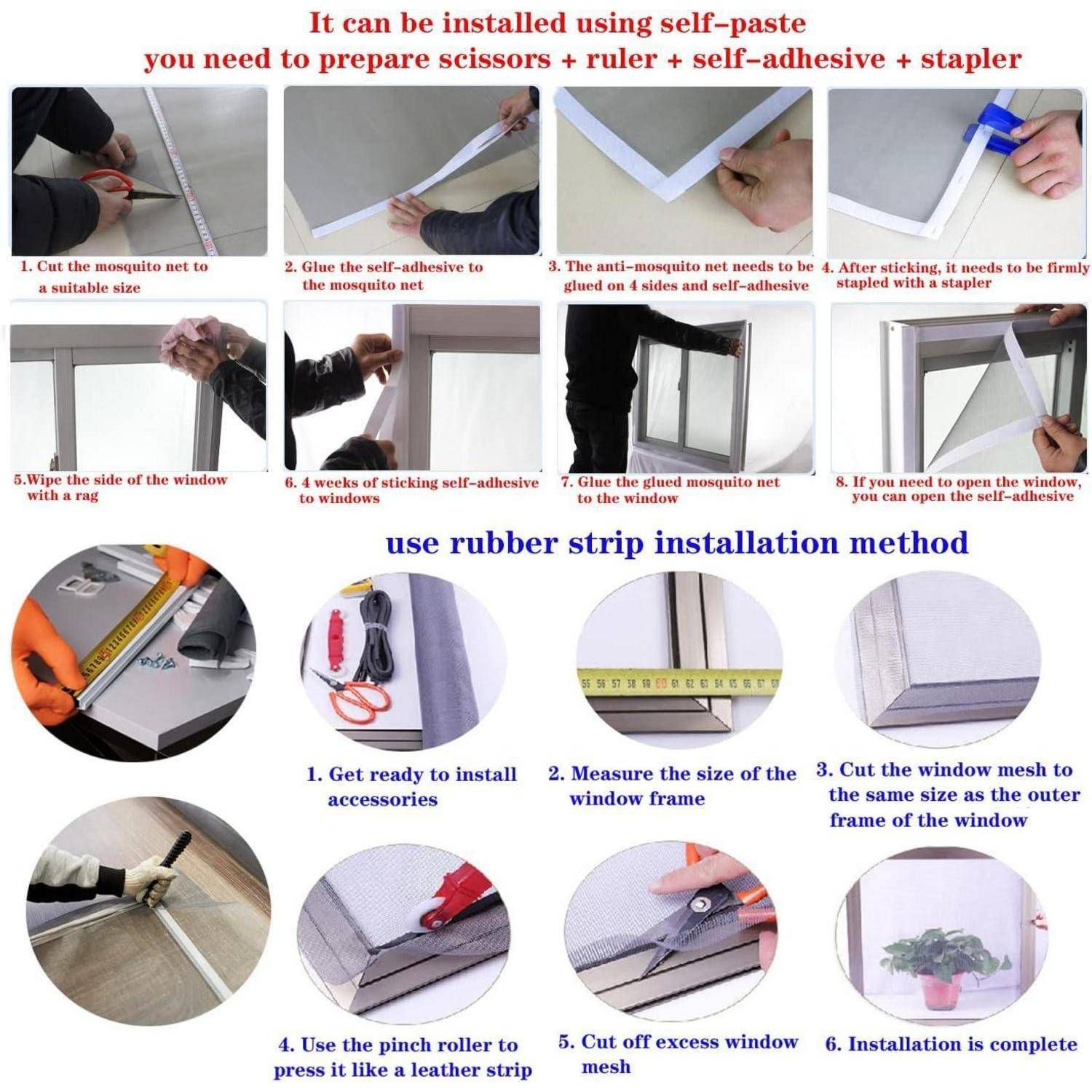 Fenster-Fliegengitter-Installationsanleitung mit zwei Methoden. Methode 1: Verwenden Sie Selbstklebestreifen, Lineal, Schere und Heftgerät. Methode 2: Verwenden Sie einen Gummidichtungsstreifen. Die Schritte umfassen Messen, Zuschneiden und Befestigen des Fliegengitters.