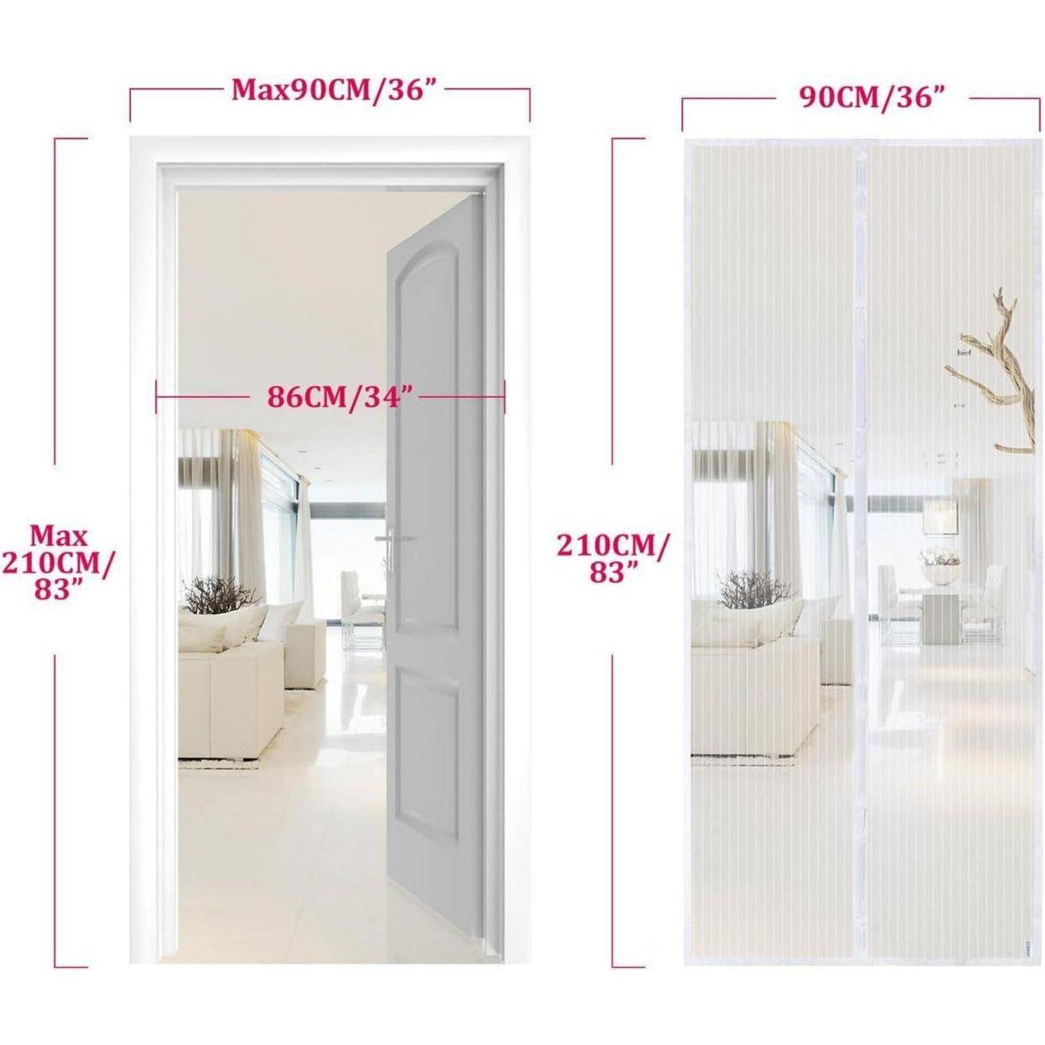 Bild zeigt Türabmessungen: Maximale Breite 90 cm (36 Zoll), maximale Höhe 210 cm (83 Zoll). Vorhangsbreite ist 90 cm (36 Zoll).