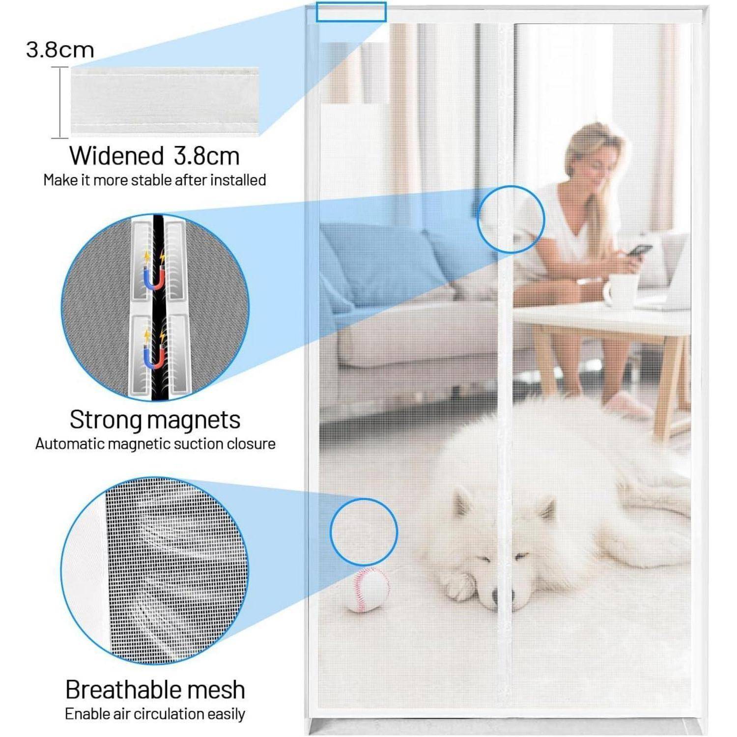 Magnetische Bildschirmtür mit einer Breite von 3,8 cm für Stabilität, starke Magnete für sicheren Verschluss, atmungsaktives Mesh für Luftzirkulation; Frau und Hund im Hintergrund.