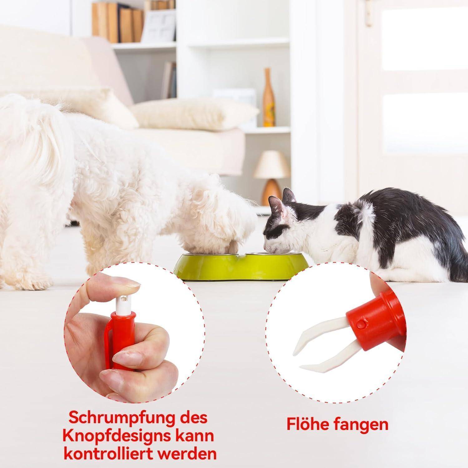 Ein weißer Hund und eine schwarz-weiße Katze essen aus einer grünen Schüssel in Innenräumen. Einblendungen zeigen ein Gerät zur Flohentfernung mit deutschem Text darunter.