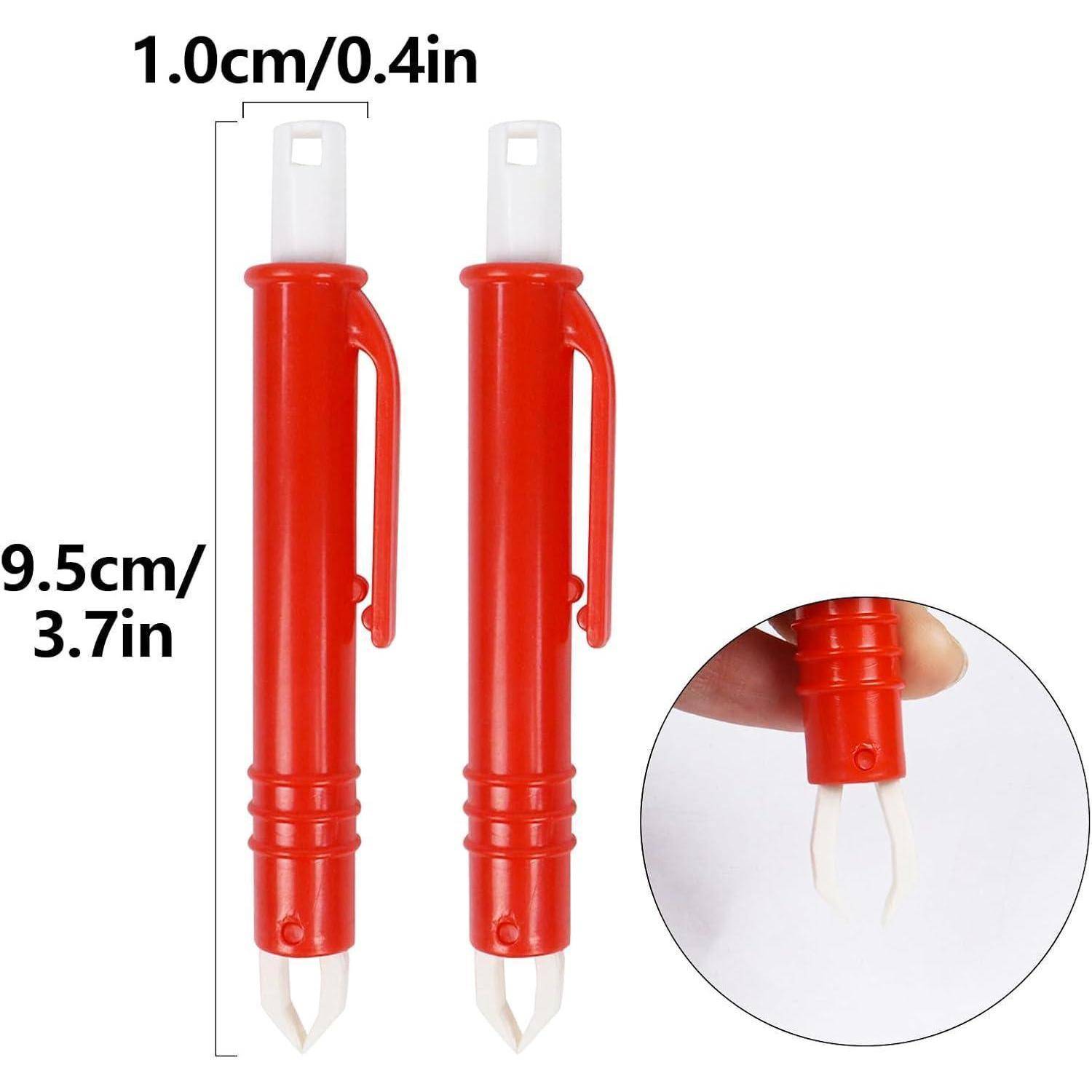 Zwei rote Nylontaschen-Träger mit Abmessungen: 1,0 cm/0,4 Zoll breit, 9,5 cm/3,7 Zoll hoch. Einblendung zeigt eine Menschenhand, die das Werkzeug hält.