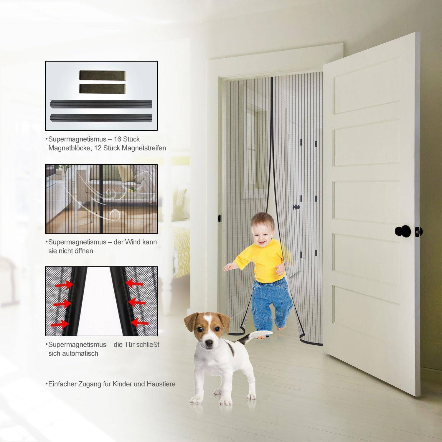 Ein Kind und ein Hund gehen durch einen Türeingang, der mit einem Moskitonetz-Vorhang ausgestattet ist. Einschübe zeigen den magnetischen Verschluss des Vorhangs und Installationsdetails.
