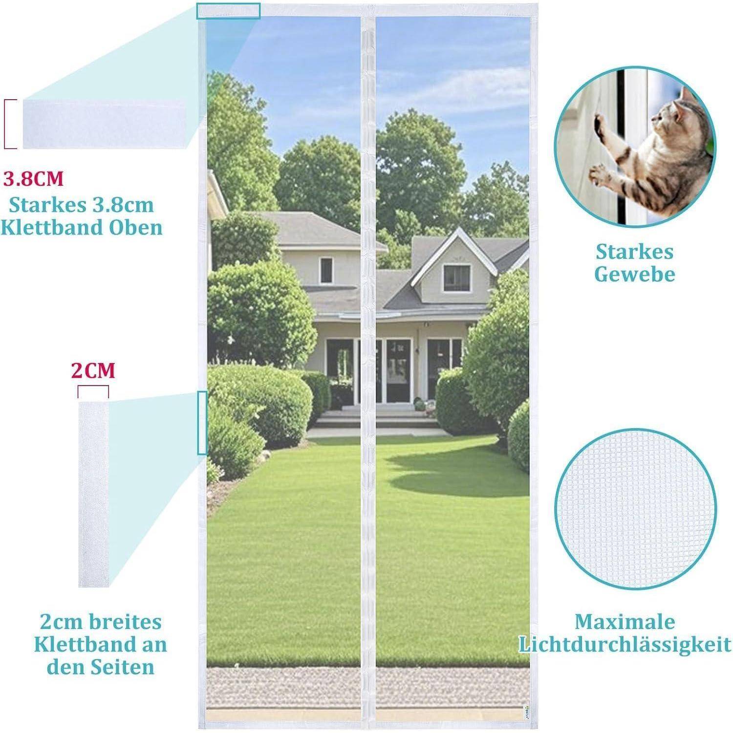 Ein Maschengardine mit beschrifteten Bereichen: 3,8 cm Klettverschluss oben, 2 cm Klettverschluss an den Seiten. Merkmale umfassen einen robusten Stoff und maximale Lichtdurchlässigkeit. Eine Katze spielt mit der Gardine. Ein Haus und Garten sind zu sehen.