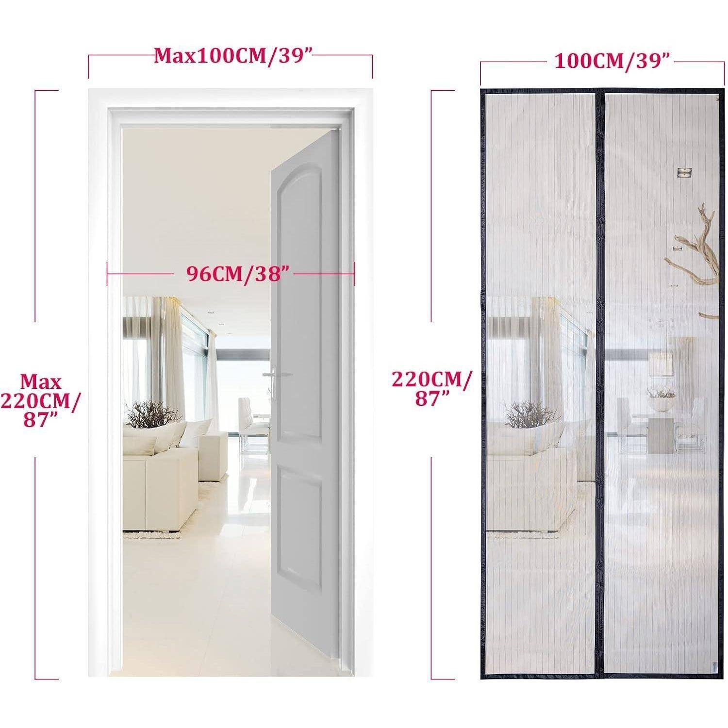 Graue magnetische Bildschirmtür Einbaumaße: max. Türrahmen 100 cm (Breite) x 220 cm (Höhe). Bildschirmabmessungen: 100 cm x 220 cm.