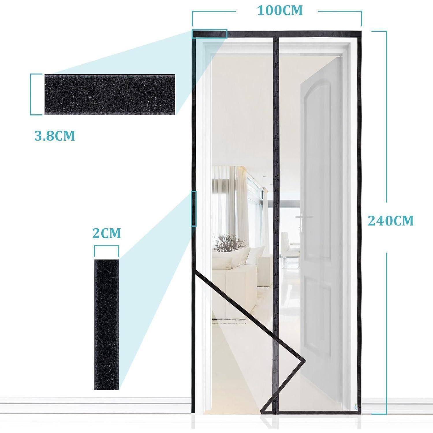 Eine Skizze einer Tür mit Installationsdetails für einen magnetischen Moskitonetz. Abmessungen: Breite 100 cm, Höhe 240 cm, Magnetstreifen: 3,8 cm x 2 cm.
