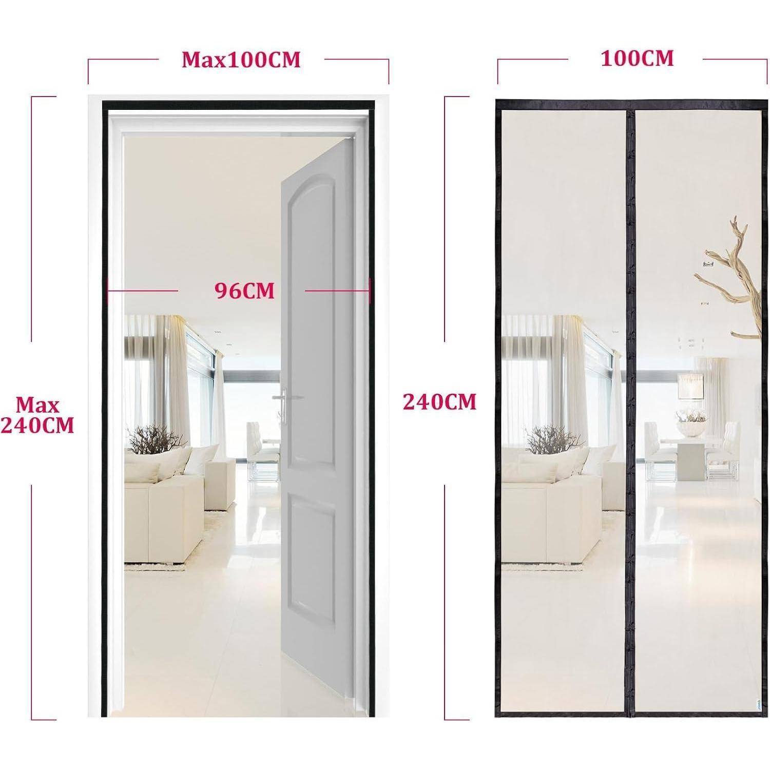 Geöffnete Tür mit Abmessungen: Breite 96 cm, Höhe 240 cm. Angrenzende geschlossene Tür mit Abmessungen: Breite 100 cm, Höhe 240 cm. Minimalistisches Interieur sichtbar.