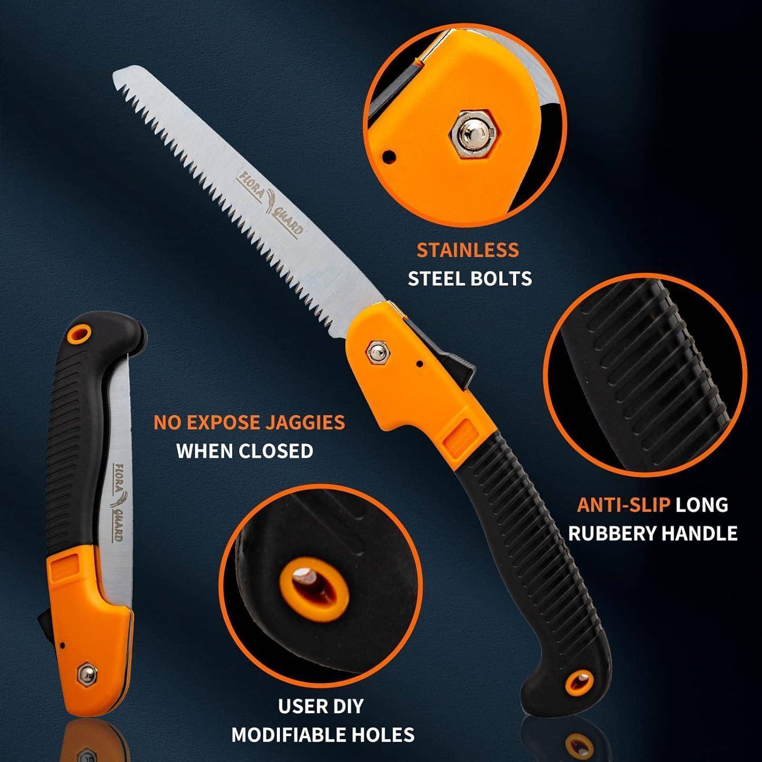 Klappbare Säge mit orange-schwarzem Griff, rostfreien Stahlbolzen, rutschfester Griffoberfläche und modifizierbaren Löchern, die Sicherheitsmerkmale hervorheben.