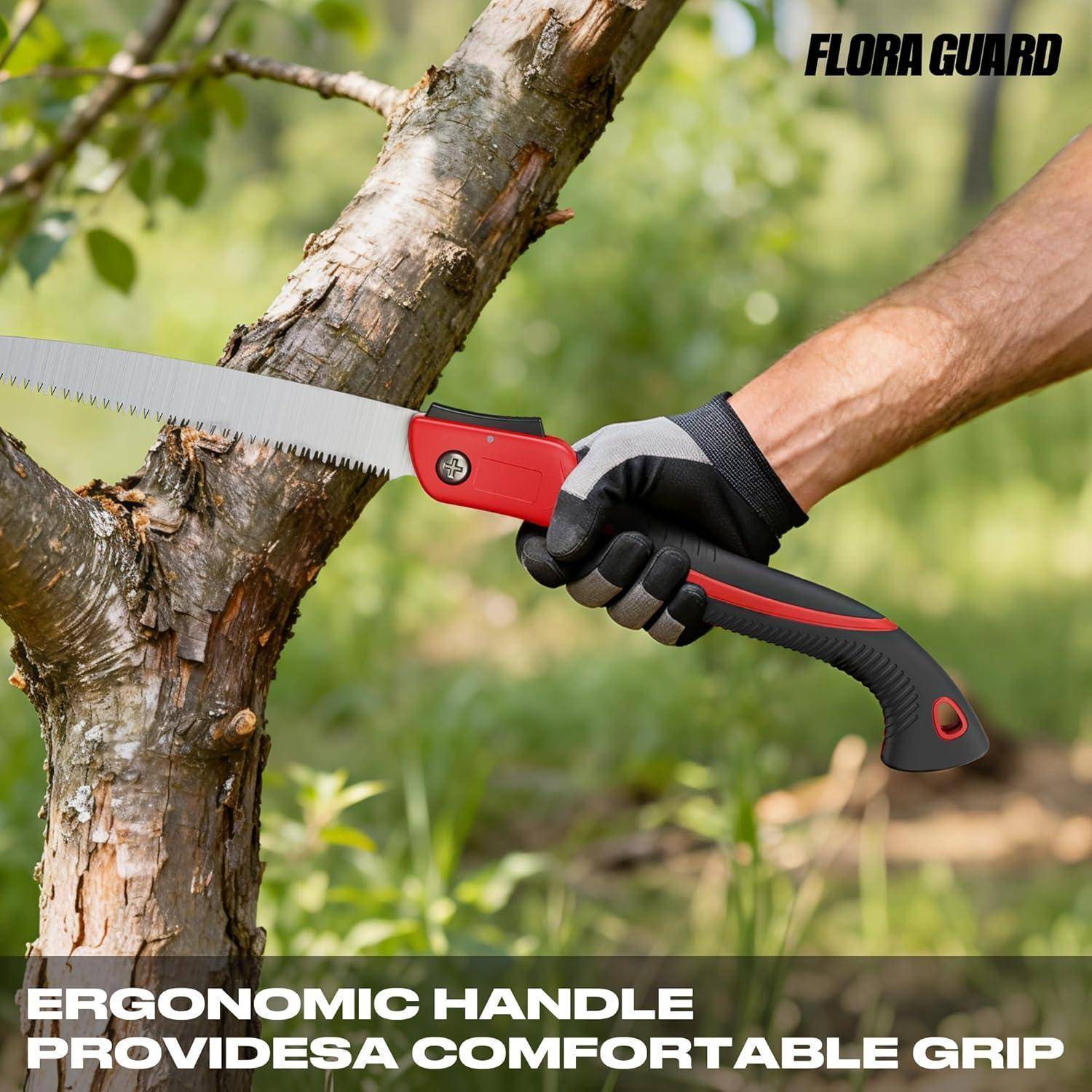 Ein Mensch verwendet eine Säge mit ergonomischem Griff, um einen Baumast in einem Wald zu sägen. Der Text lautet: „Ergonomischer Griff bietet einen komfortablen Halt.