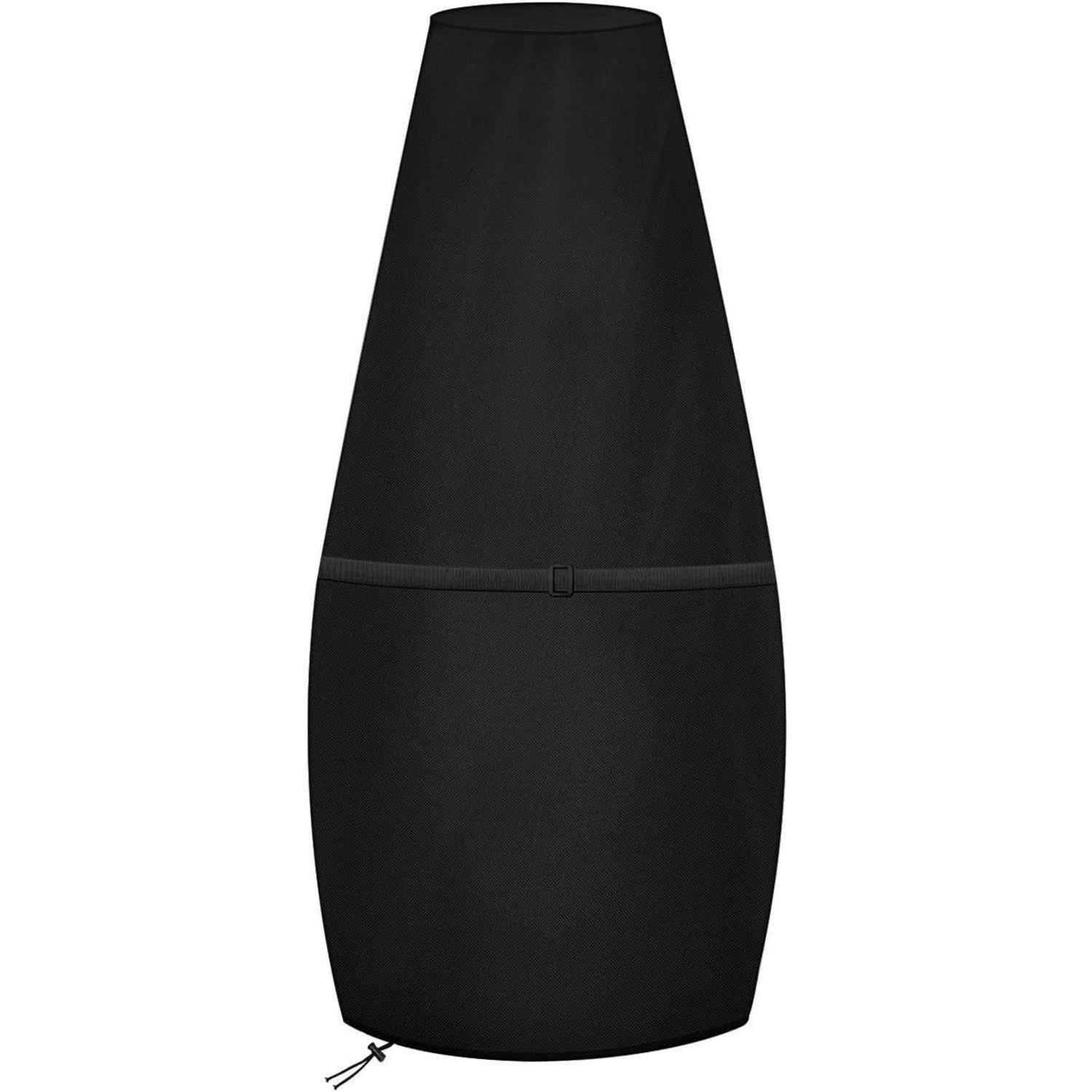 Eine hohe, kegelförmige schwarze Abdeckung mit einem verstellbaren Riemen passt über einen Outdoor-Grillrost.