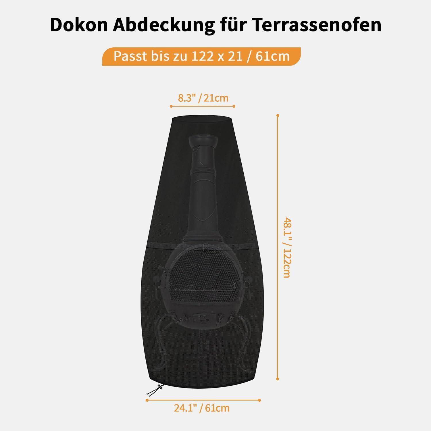 Eine Schutzhülle für Terrassenöfen, passend für Abmessungen bis zu 122 cm Höhe und 21 cm Breite, geeignet für den Außeneinsatz.